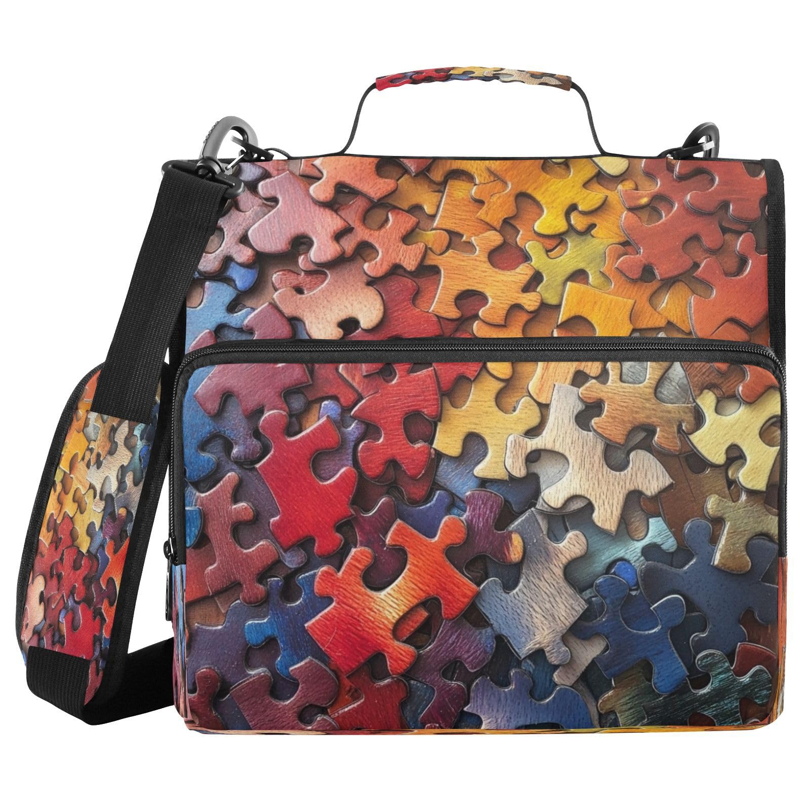 Jigsaw Puzzle Pattern Zipper Binder with Shoulder Strap & Pockets 1.5 inch 3 Ring Binder Bag Expanding File Folder Organiser for School & Office