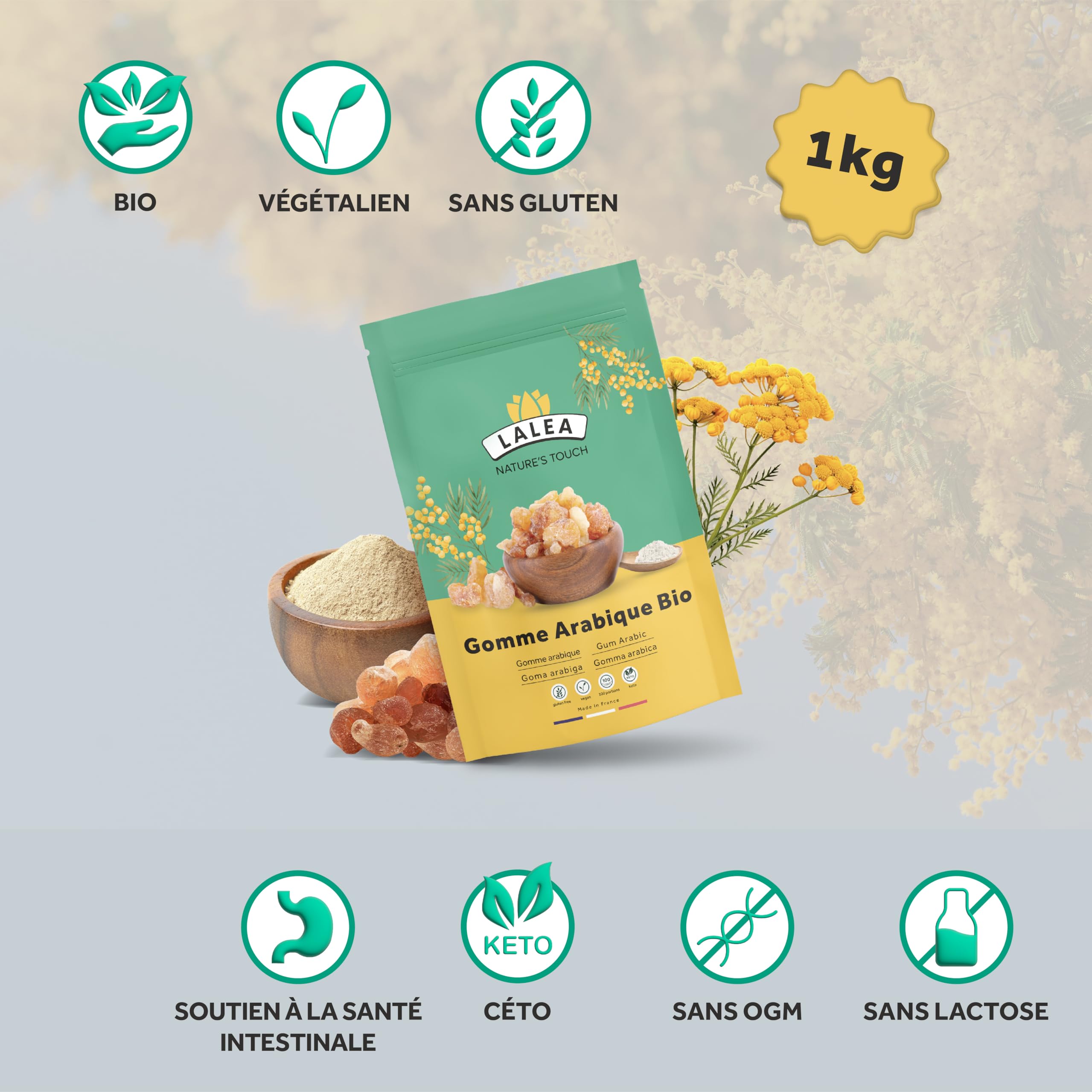 Gomme arabique bio en poudre, Poudre de fibre alimentaire du gomme d'acacia bio 1Kg, Végétalien et Keto, Sans Gluten, 90% de fibres