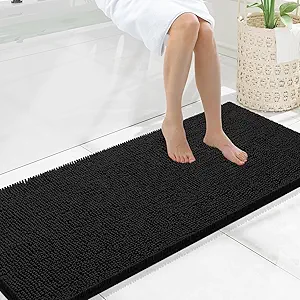 Smiry Luxury Chenille Bathroom Rugs 59x20, Extra Soft and Absorbent Shaggy Bath Mat, Machine Washable, Non-Slip Plush Carpet Runner for Tub, Shower, and Floor, Home Decor Accessories, Black