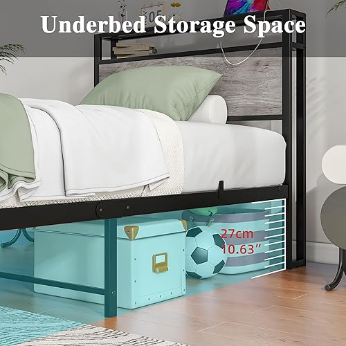 Miniatura 59 de Base de cama de tamaño matrimonial con cabecera de almacenamiento/estación de carga USB, marco de cama de plataforma de metal, tamaño matrimonial,