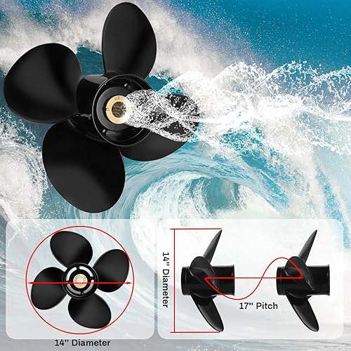 Miniatura 7 de Hélice fuera de borda de aluminio mejorada 14X17 OEM 48-8M0084494, compatible con motores Mercury 90CT-400HP MERCRUISER Alpha ONE, 4 cuchillas 15