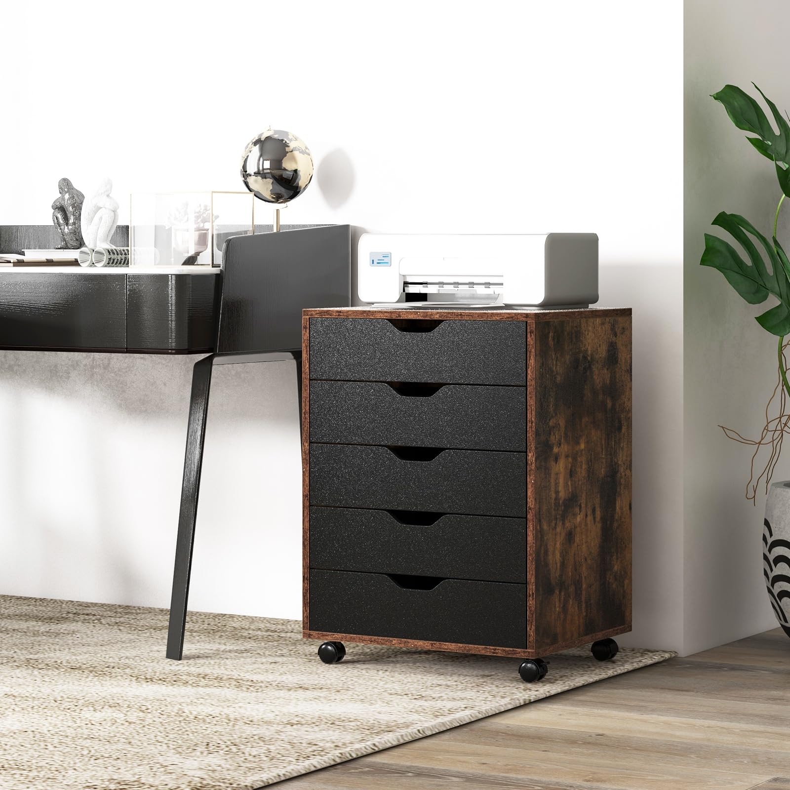 KOMFOTTEU Commode à 5 Tiroirs, Caisson de Rangement Mobile avec 4 Roulettes Universelles, Classeur Vertical en Bois, pour Salon, Chambr, Bureau, Étude, 49 x 42 x 66 cm (Marron rustique)