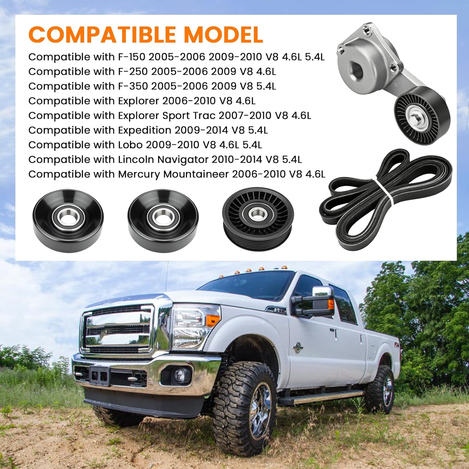 Engine Serpentine Belt Drive Tensioner Pulley Component Kit Compatible with 2005-2014 Ford F-150 F-250 F-350 Explorer Explorer Sport Trac Expedition Lincoln Navigator 4.6L 5.4L Replaces 90K-38274A