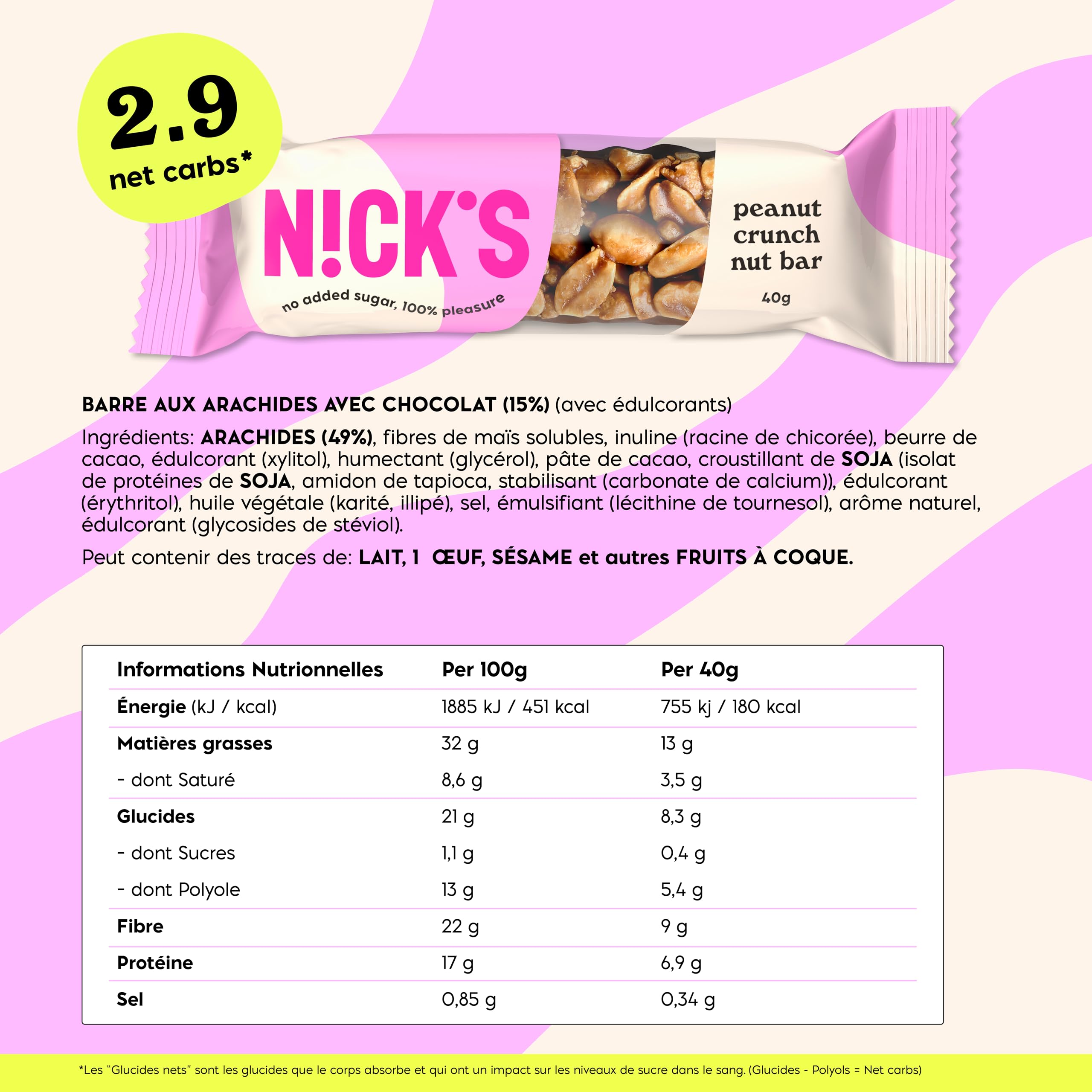 NICKS Keto Barre Chocolat et Cacahuètes | Vegan Nut Bar Sans Sucre Ajouté, Sans Gluten & Sans Huile de Palme | Riche en Fibres, Faible en Glucides (12x40g)