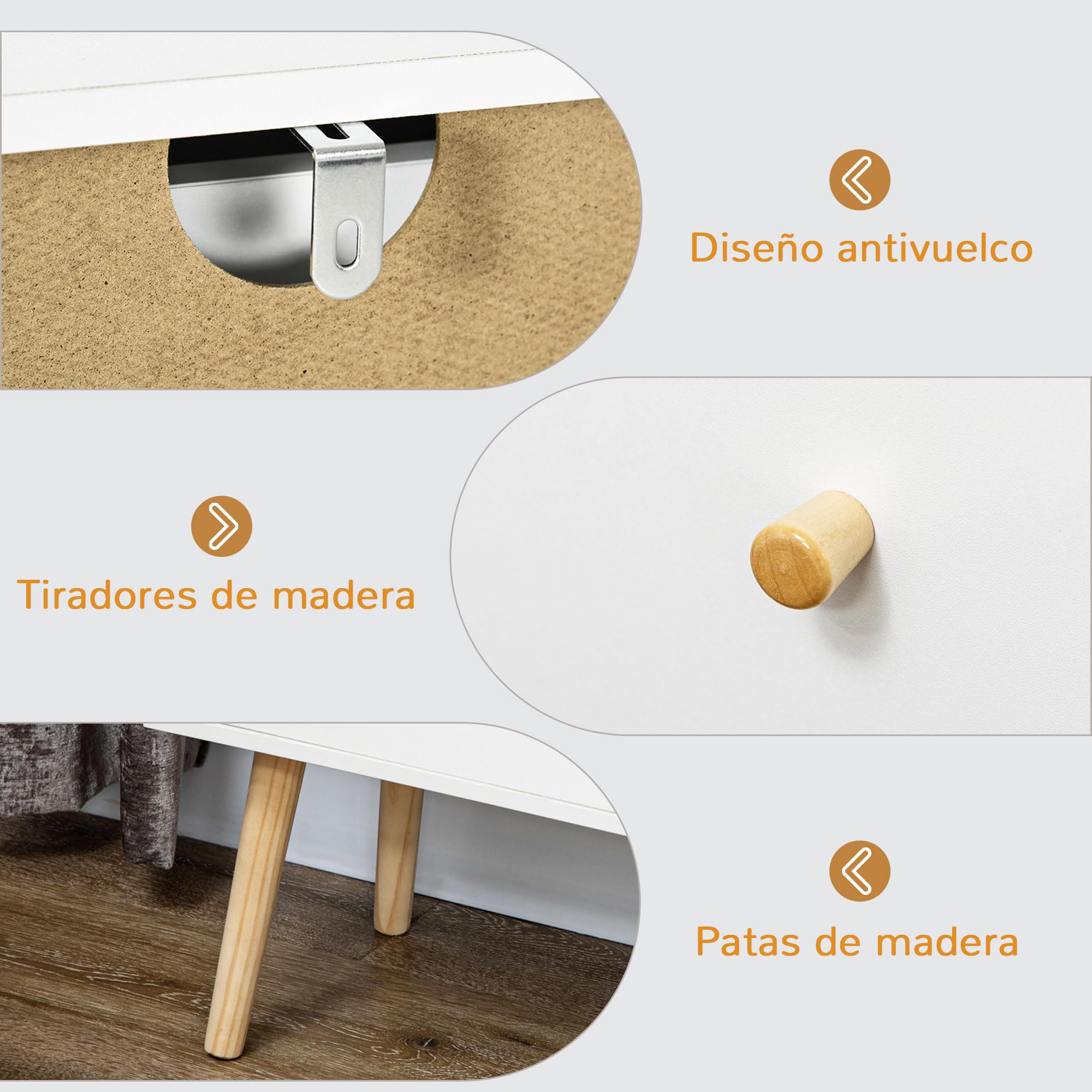 HOMCOM Cómoda con 3 Cajones Sinfonier para Dormitorio 80x30x80 cm Blanco | Patas de Madera, Diseño Antivuelco, Carga 70 kg, Cajonera para Salón Oficina