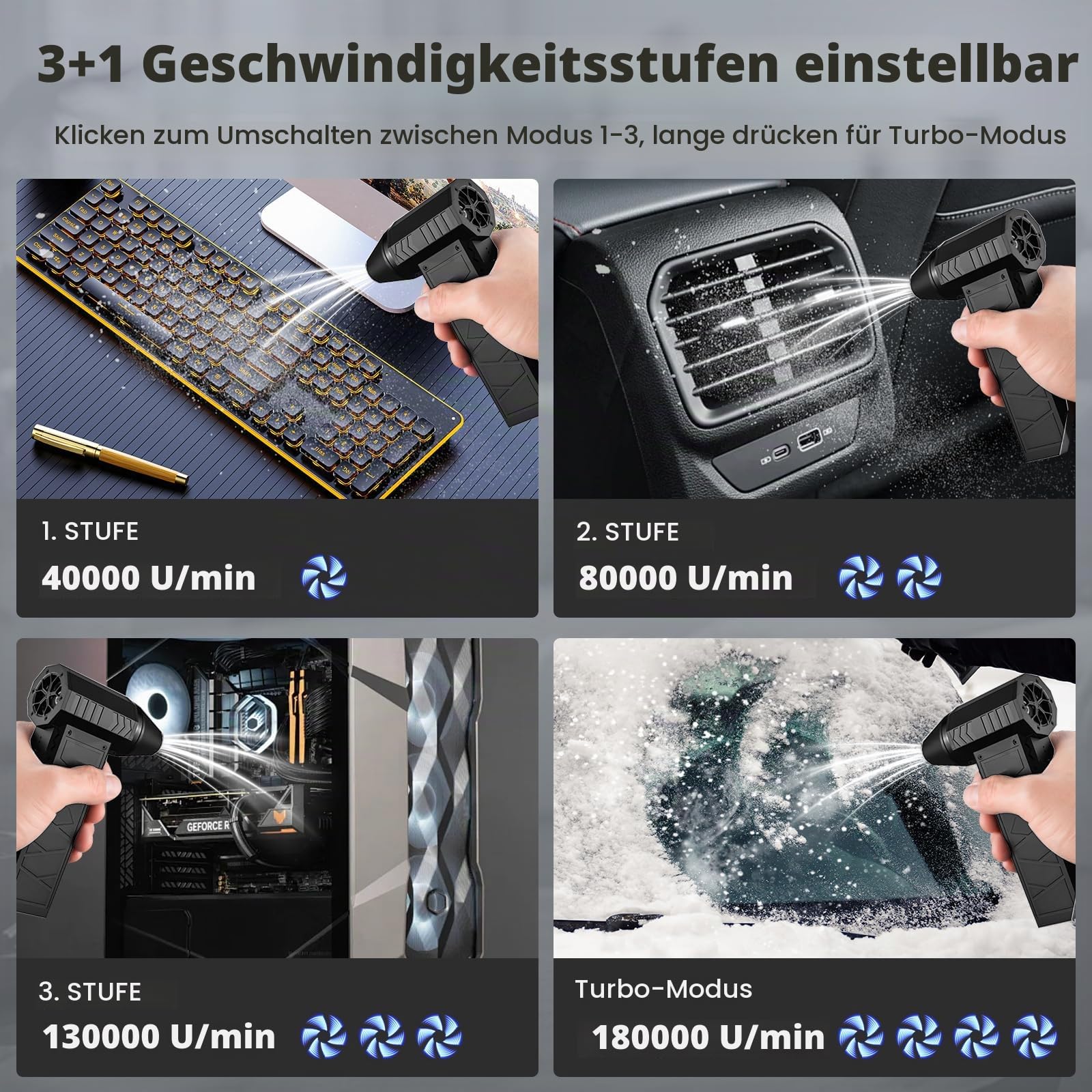 Elektrische Staubgebläse 180000 U/min Gebläse Akku mit 4-Gang Compressed Air Dust Blower Reinigungsbürste für PC Reinigungsset Staubgebläse Druckluftspray Auto, Sofa, Tastatur Luftdruckspray (Schwarz)