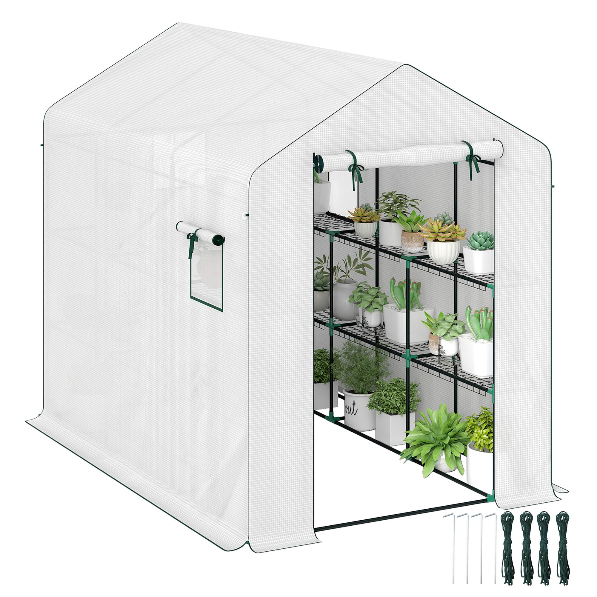Serra Addossata Outsunny 200x100x215 Cm – 3 Ripiani, 2 Porte Avvolgibili, In Acciaio E PE, Per Orto E Fiori, Bianca