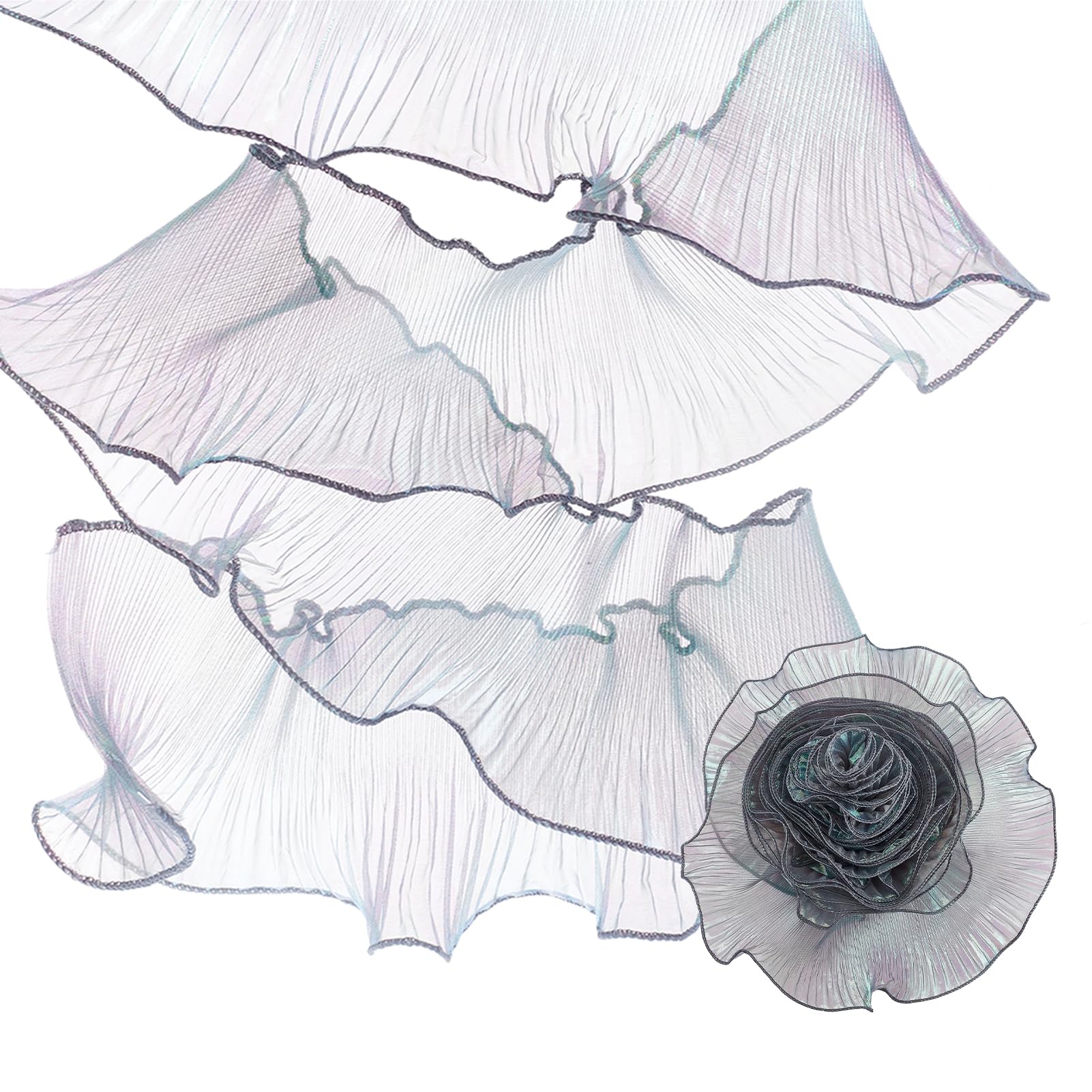 letsinstyle 15 Yards Ruffle Pleated Chiffon Trims, Vintage Organza Tulle Fabric Ribbon, Iridescent Trimmings for DIY Wedding Dress Clothing Sewing Decor