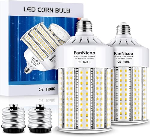 FanNicoo Bombilla LED de maíz equivalente a 500 W, 6500 lúmenes, base E26 con adaptador E39, bombilla de maíz de 50 W 6500 K con estructura de