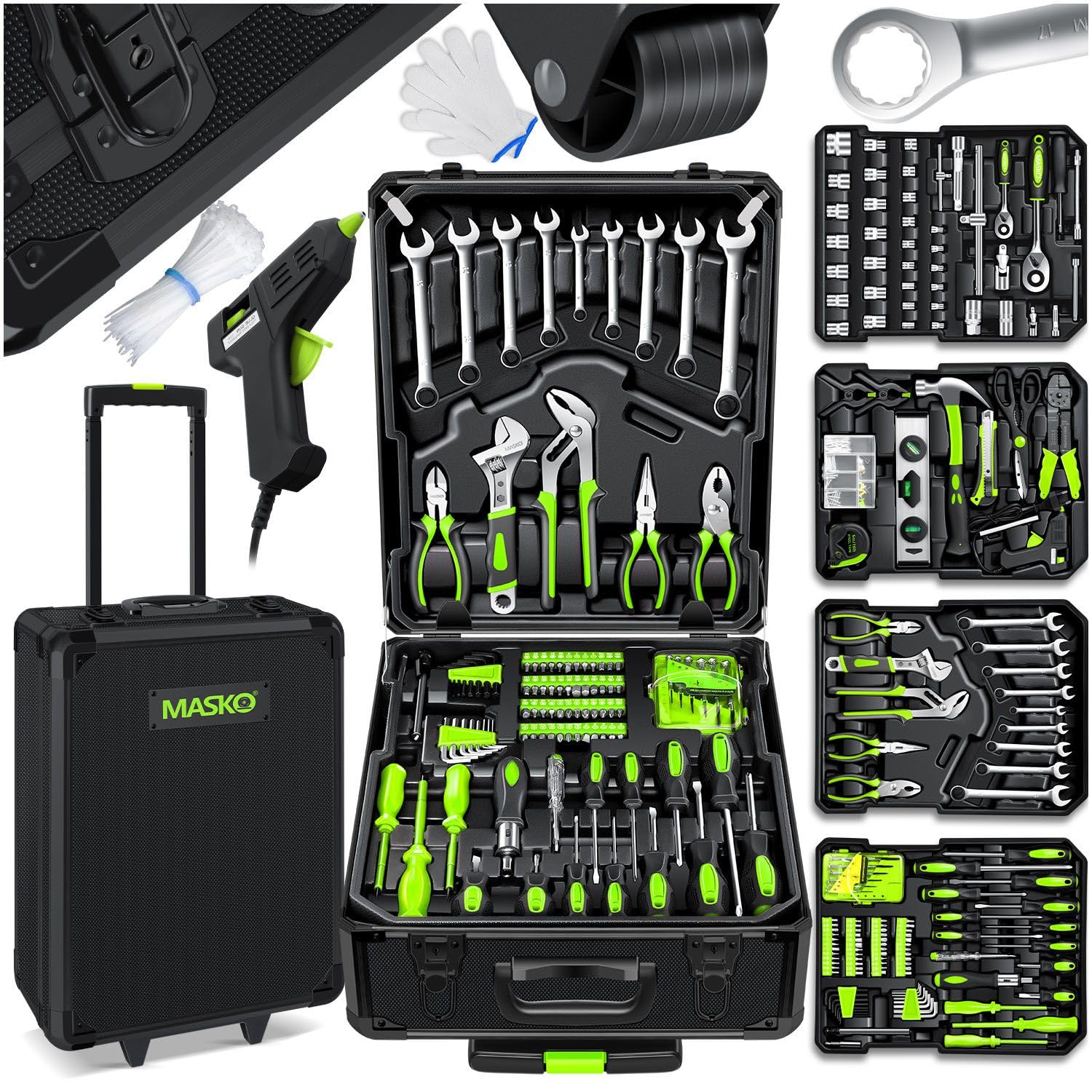 MASKO® Werkzeugkoffer 1400-teilig gefüllt | Werkzeugset im Aluminiumkoffer | Werkzeugkasten mit Rollen | Werkzeugkiste Haushalt, Haus, Hobby, KFZ | Trolley-Funktion | Profi Werkzeugwagen Handwerkzeug