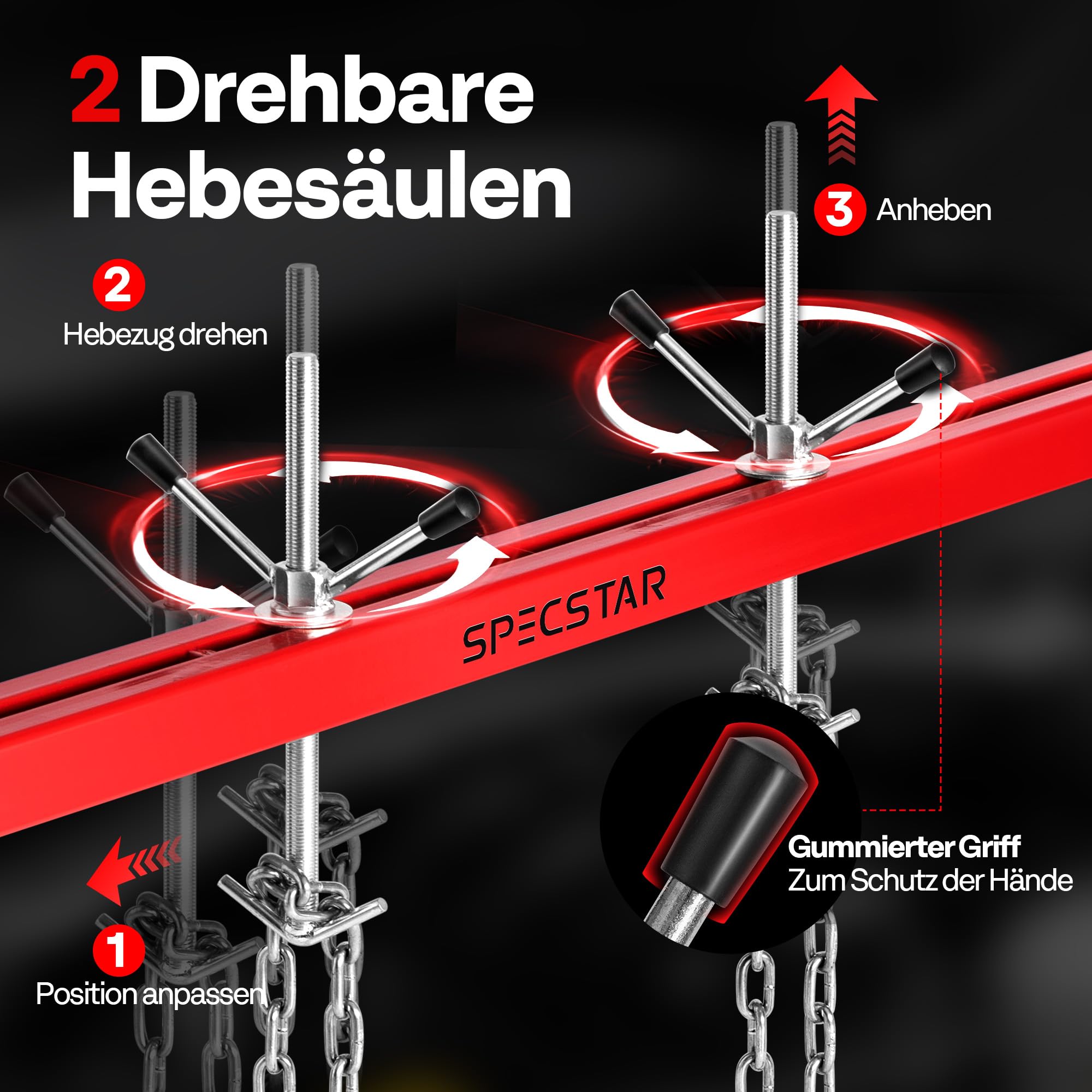 SPECSTAR 500kg Motorbrücke Motorheber Traverse für Motor Getriebearbeiten | 53,3–144,8cm Verstellbar, Doppelpunkt-Hebung mit Doppelhaken, 360° Drehung mit 2-Punkt-Halterung und Doppelhaken