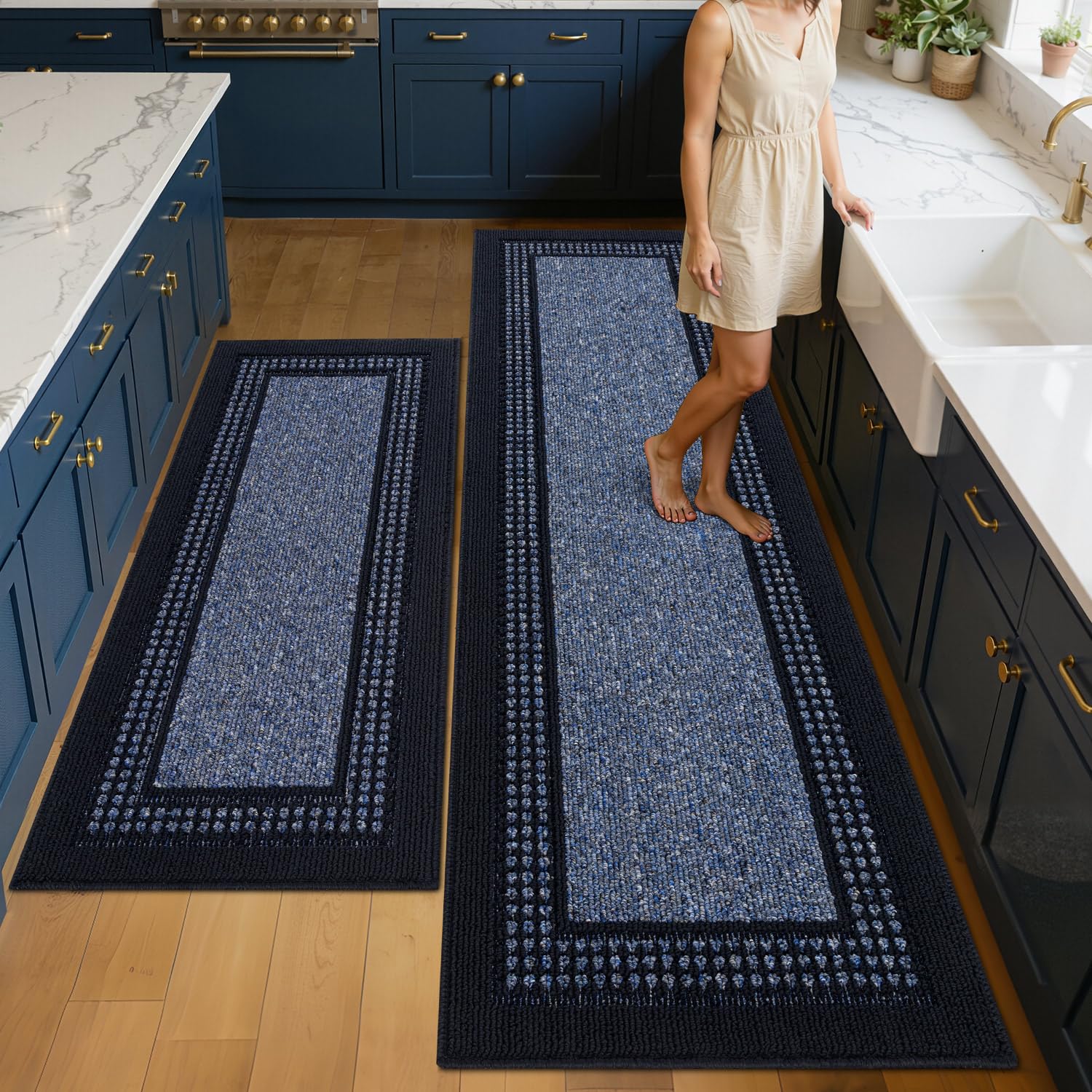hicorfe Kitchen Runner Rugs,Set of 2 Non Slip Kitchen Mats for Floor,Vintage Stain Resistant Kitchen Mat Floor Carpet for Hallways Entryway Laundry Room Washable(24"x71"+20"x48",Blue)