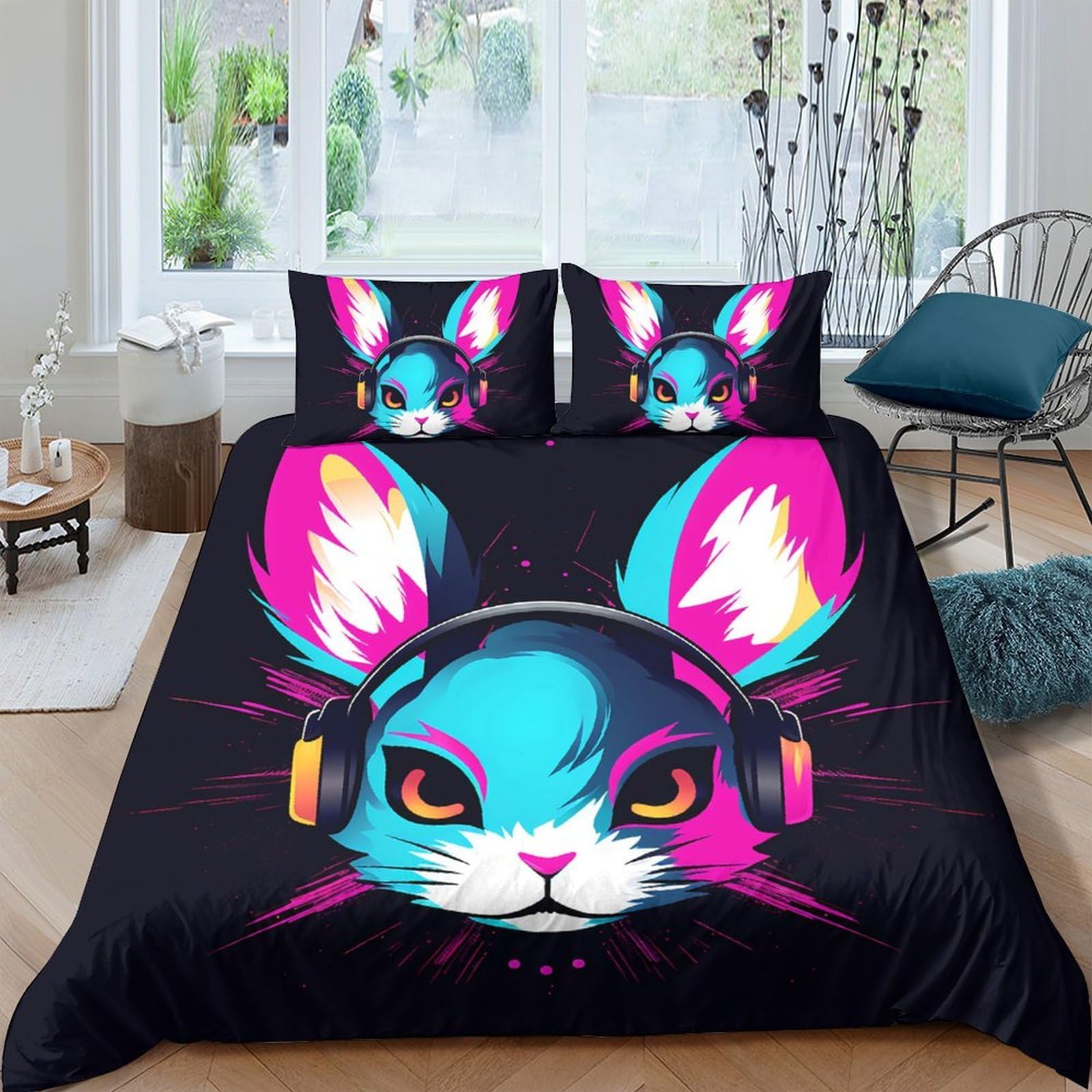 Ctjqhvkz Style-2 3D Printed Neon Headphone Cat Fitted Sheet Microfiber Soft Breathable Graffiti Art Bed Cover For Bedroom Dorm Decor Single（135X200cm）