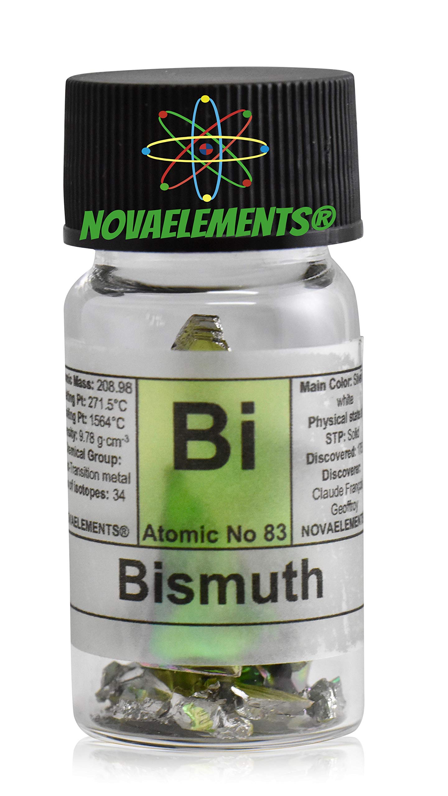 Bismuto metallico elemento 83 Bi, cristallo singolo puro circa 12 grammi 99,99% in fiala di vetro con etichetta, fiala piena
