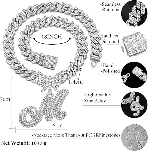 Miniatura 6 de JNCTCOE Cuban Link Chain for Women Cursive Silver Initial 14MM Diamond Prong Cuban Chain Hip Hop Iced Out Chain Necklace Butterfly Initial Letter
