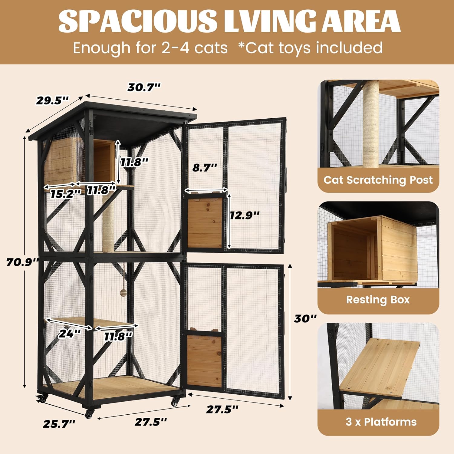 MAGIC UNION 71" Catio Outdoor Cat Enclosure Window Access, 4 Tiers Cats Playpen Catio with Wheels, Resting Box & Waterproof Roof, Indoor Large Cat House Cage with Scratching Post Sisal Ball (Black)
