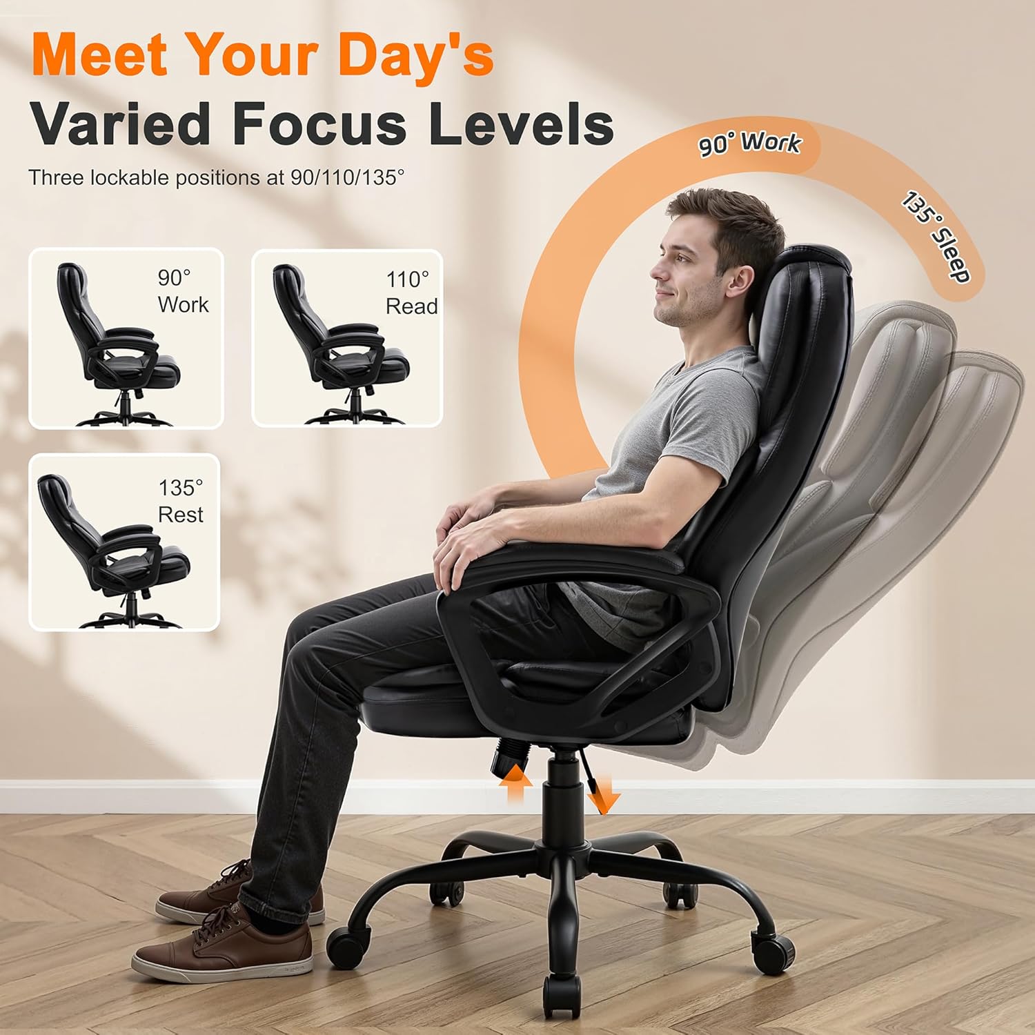Shintenchi High Back Executive Office Chair, Ergonomic PU Computer Desk Chair with 3-Level Tilt, Padded Armrests 360° Swivel Free Task Chairs for Home Office, 330 Pound Capacity, Black