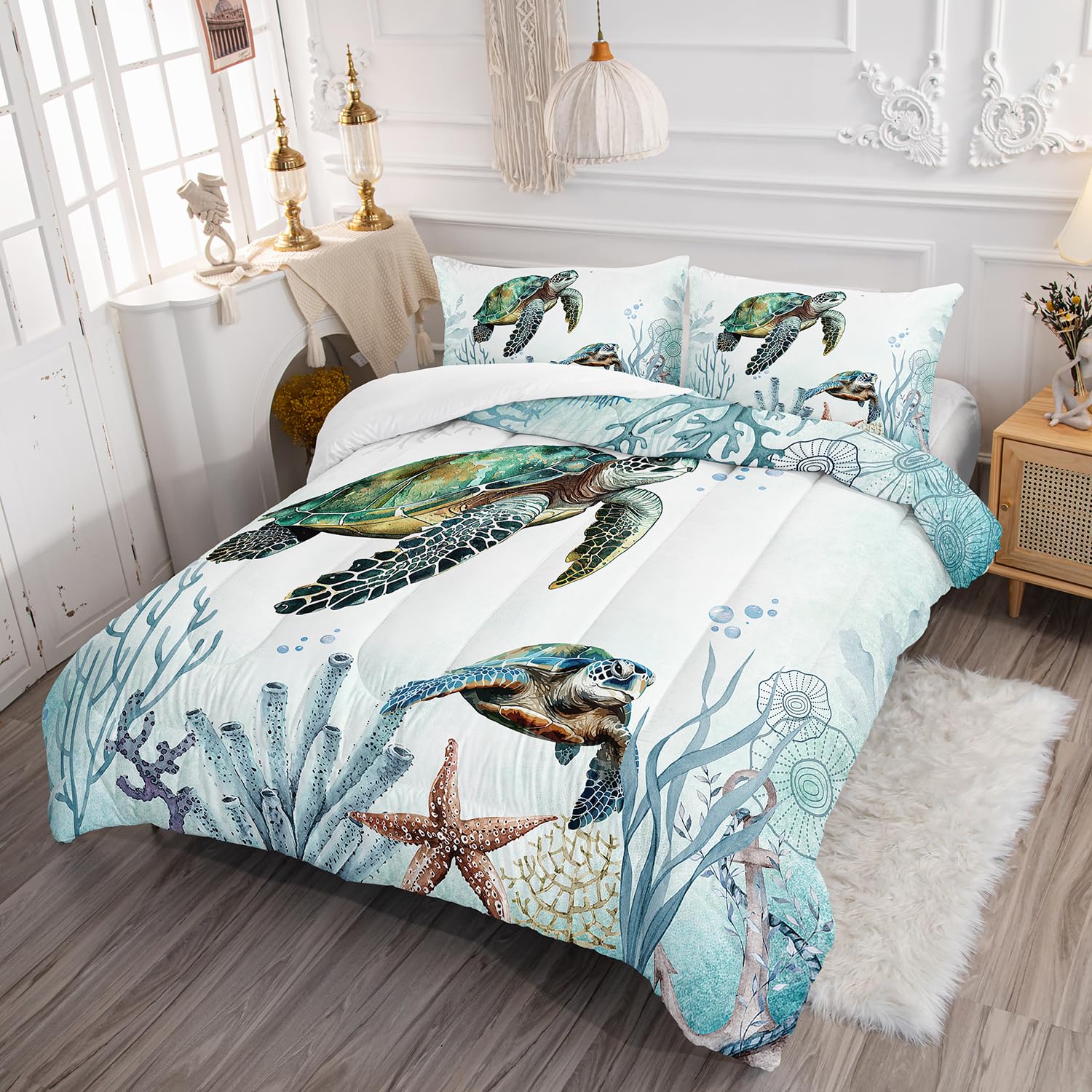 QOOMO Turtle Ocean Comforter Set Twin Size - 3 Piece Blue Bedding Set With Comforter & 2 Pillowcases (Down Alternative)