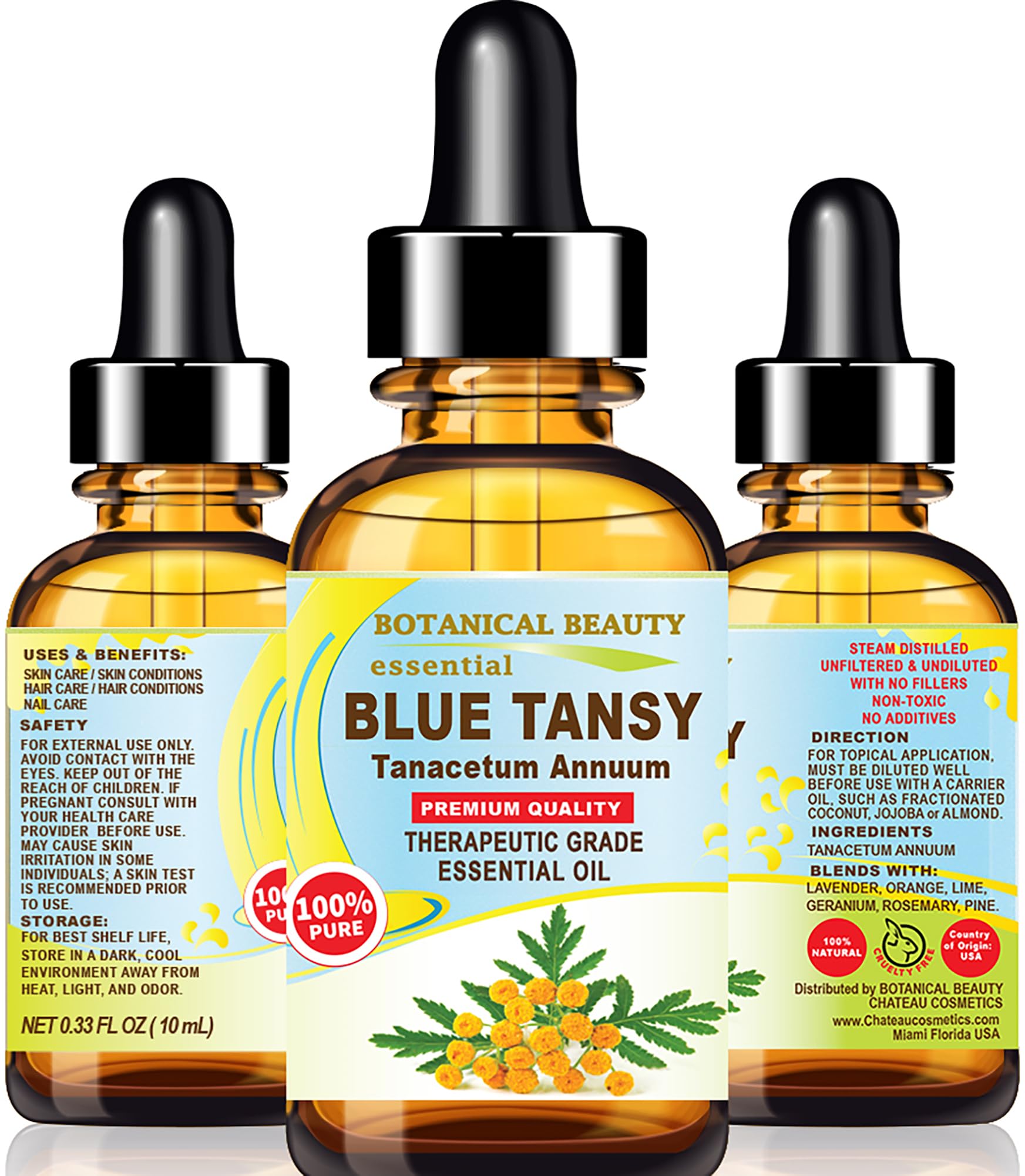 Botanical BeautyBlue Tansy Essential Oil Tanacetum Annuum 100% Pure Therapeutic Grade for Irritated Skin, Acne, Dried and Damaged Skin, Aromatherapy. 0.33 Fl.oz.- 10 ml