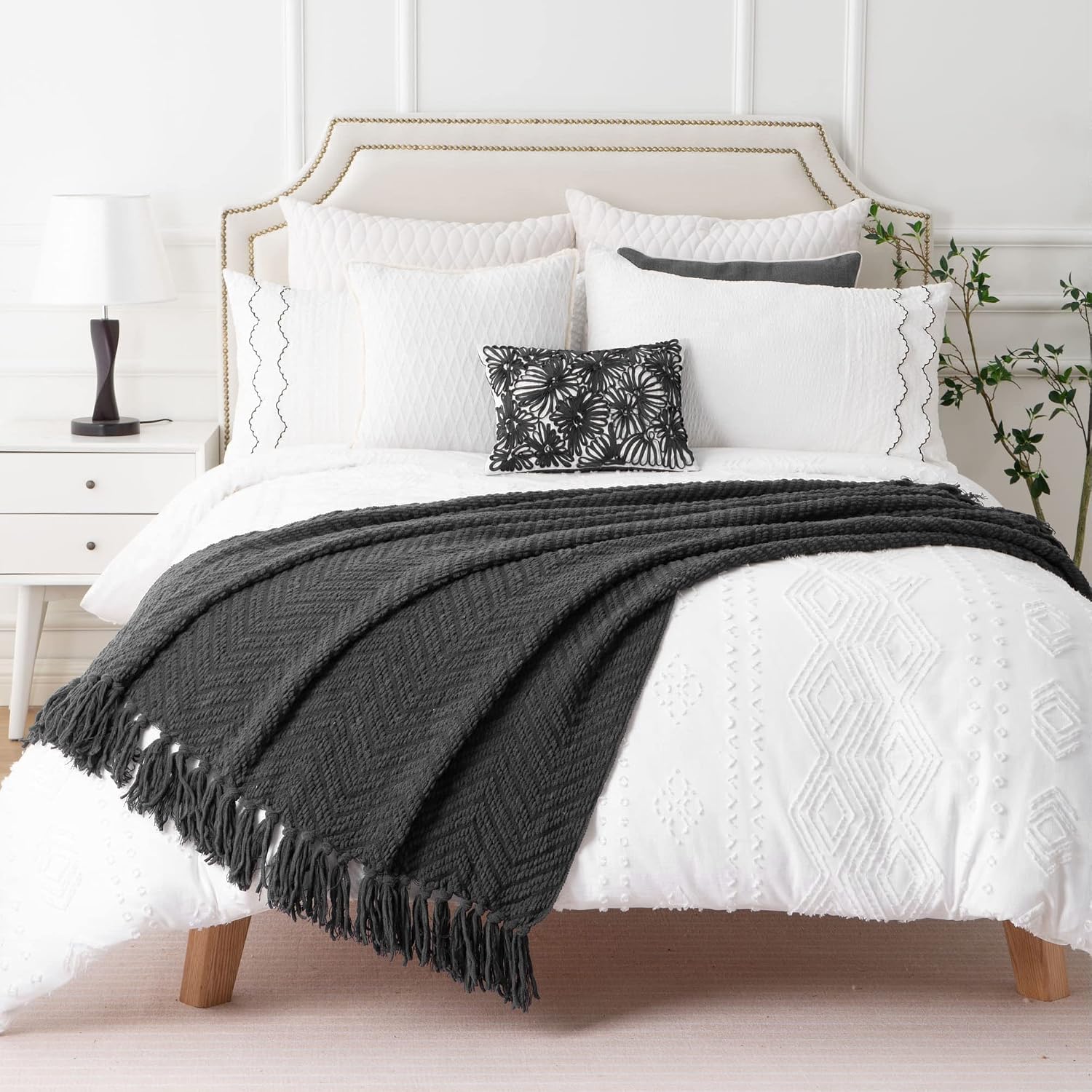 BATTILO HOME Dark Grey Throw Blanket for Couch, Knit Charcoal Throw Blanket Versatile for Chair, 50 x 60 Inch - Super Soft Warm Grey Blanket with Tassels for Bed, Sofa and Living Room