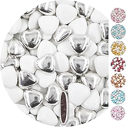 EinsSein 1kg Corazones de Chocolate boda bautizo Mezcla medio blanco-plata brillante corazon amor formas bombones confeti peladillas candy bar cumpleaños niños regalos Tradición italianas botes