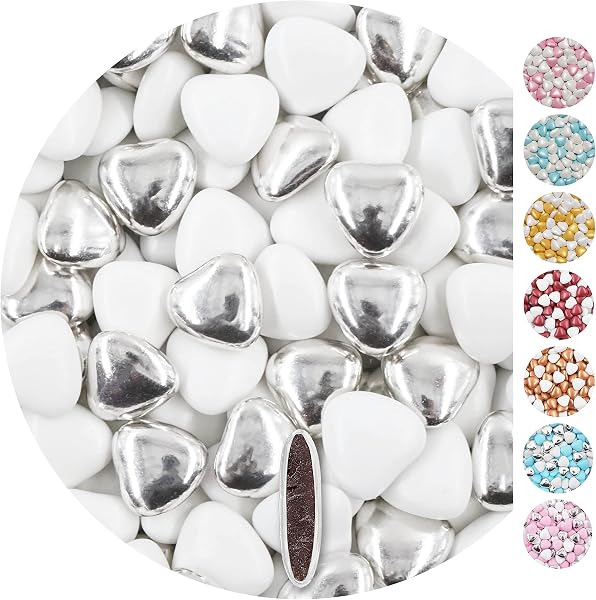 EinsSein 1kg Corazones de Chocolate boda bautizo Mezcla medio blanco-plata brillante corazon amor formas bombones confeti peladillas candy bar cumpleaños niños regalos Tradición italianas botes - 1