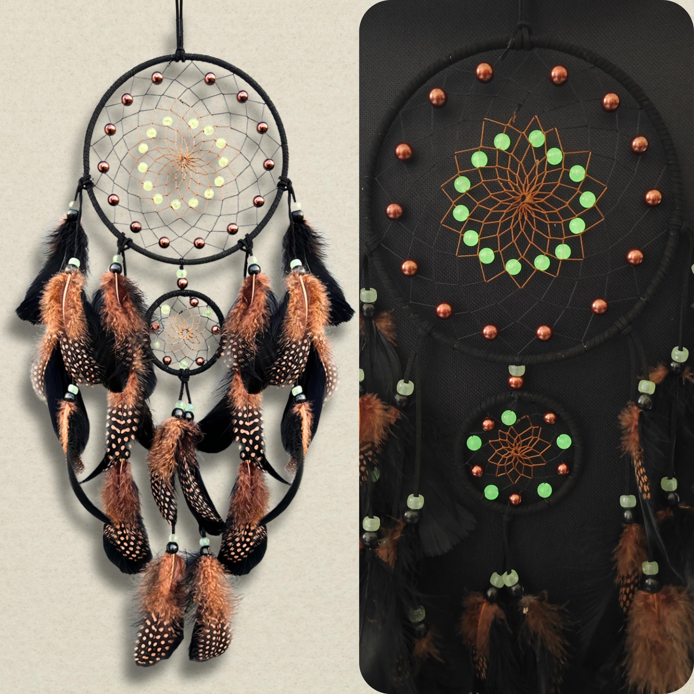 Traumfänger mit leuchtenden Perlen, handgefertigter Traumfänger für Erwachsene, Indianerdekor, hängende Wandverzierung für Schlafzimmer, Braun (Braun)