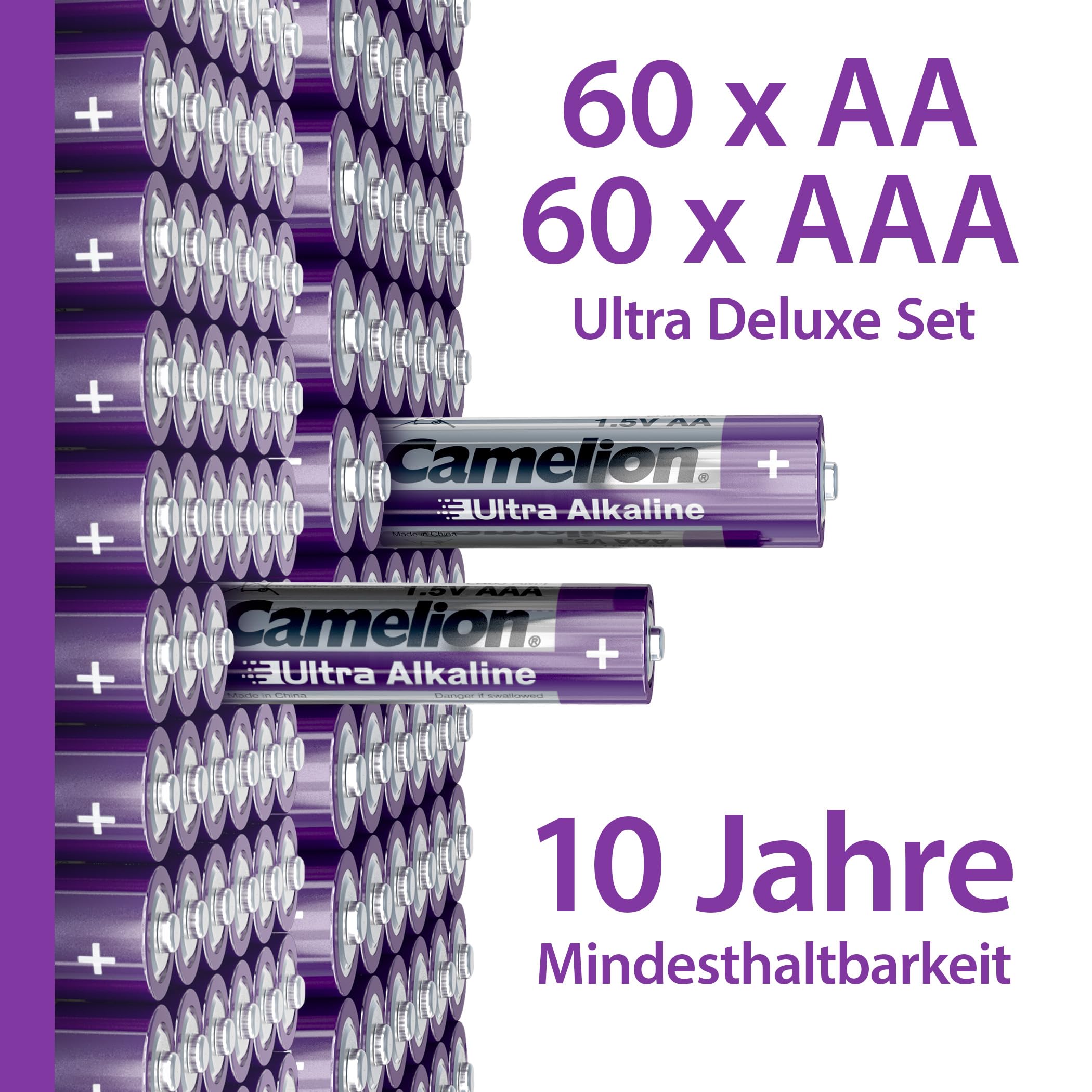Camelion Lot de 120 piles ultra alcalines AA - Piles AAA - Durée de vie de 10 ans - Respectueuses de l'environnement - Piles AA - Piles d'appareils photo numériques - Éclairage de Noël (60 x AA/60 x