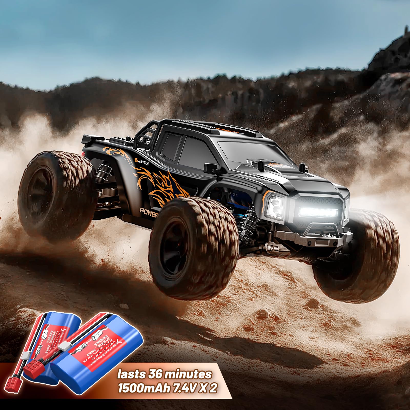 Ferngesteuertes Auto Erwachsene 1:16 RC Auto 4WD Offroad, 36 km/h High Speed RC Car All-Terrain Monstertruck Ferngesteuerter geländewagen mit 2.4GHz Fernsteuerung, Doppelter 7.4V 1500mAh Akku