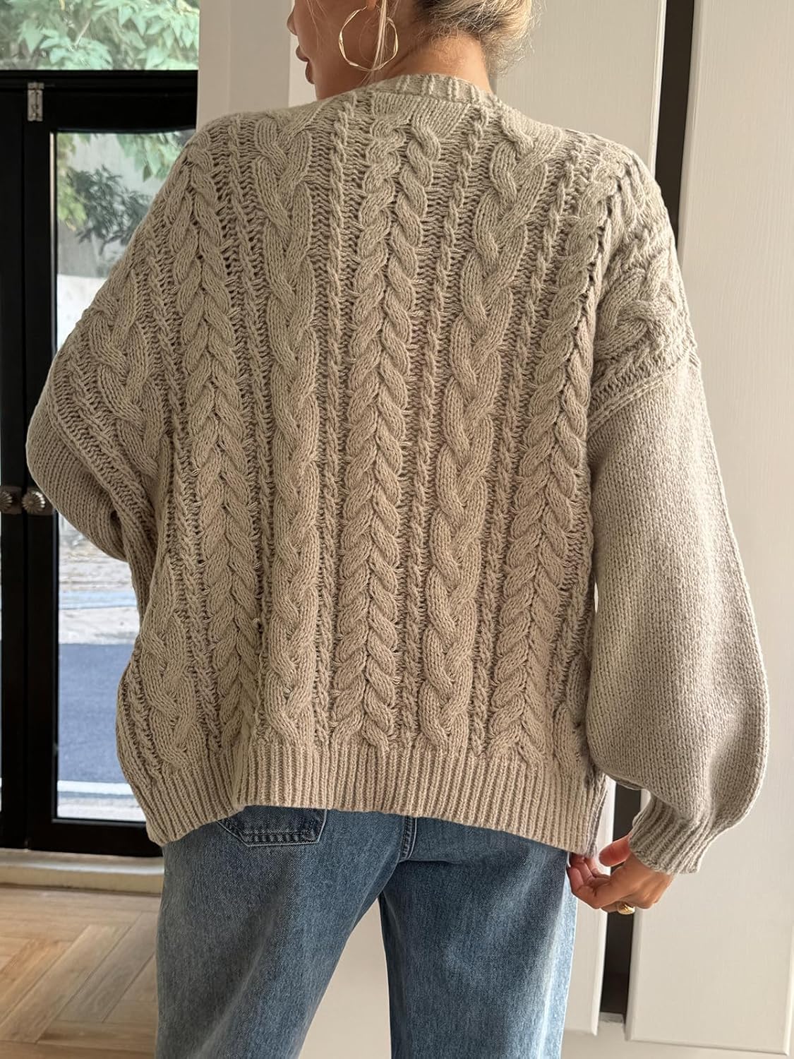 Saodimallsu Womens Tie Front Cardigan Sweaters Cable Knit V Neck Lantern Long Sleeve Casual Loose Sweater Coats - Image 5