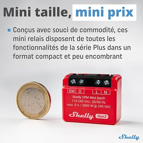 Miniatura 2 de Shelly 1PM Mini Gen3  Relé de interruptor inteligente WiFi y Bluetooth, 1 canal 8A con medición de potencia  Automatización del hogar  Compatible
