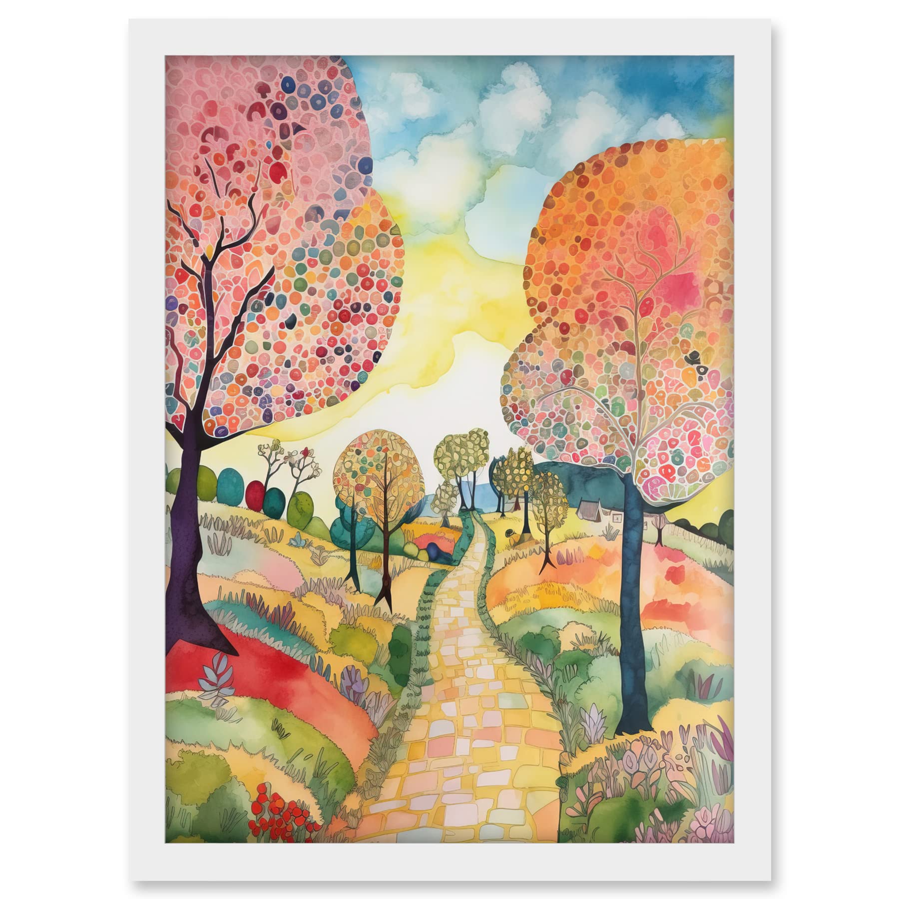 Artery8 Countryside Path With Blooming Flowers And Trees Folk Art Landscape Watercolour Painting Artwork Framed A3 Wall Art Print