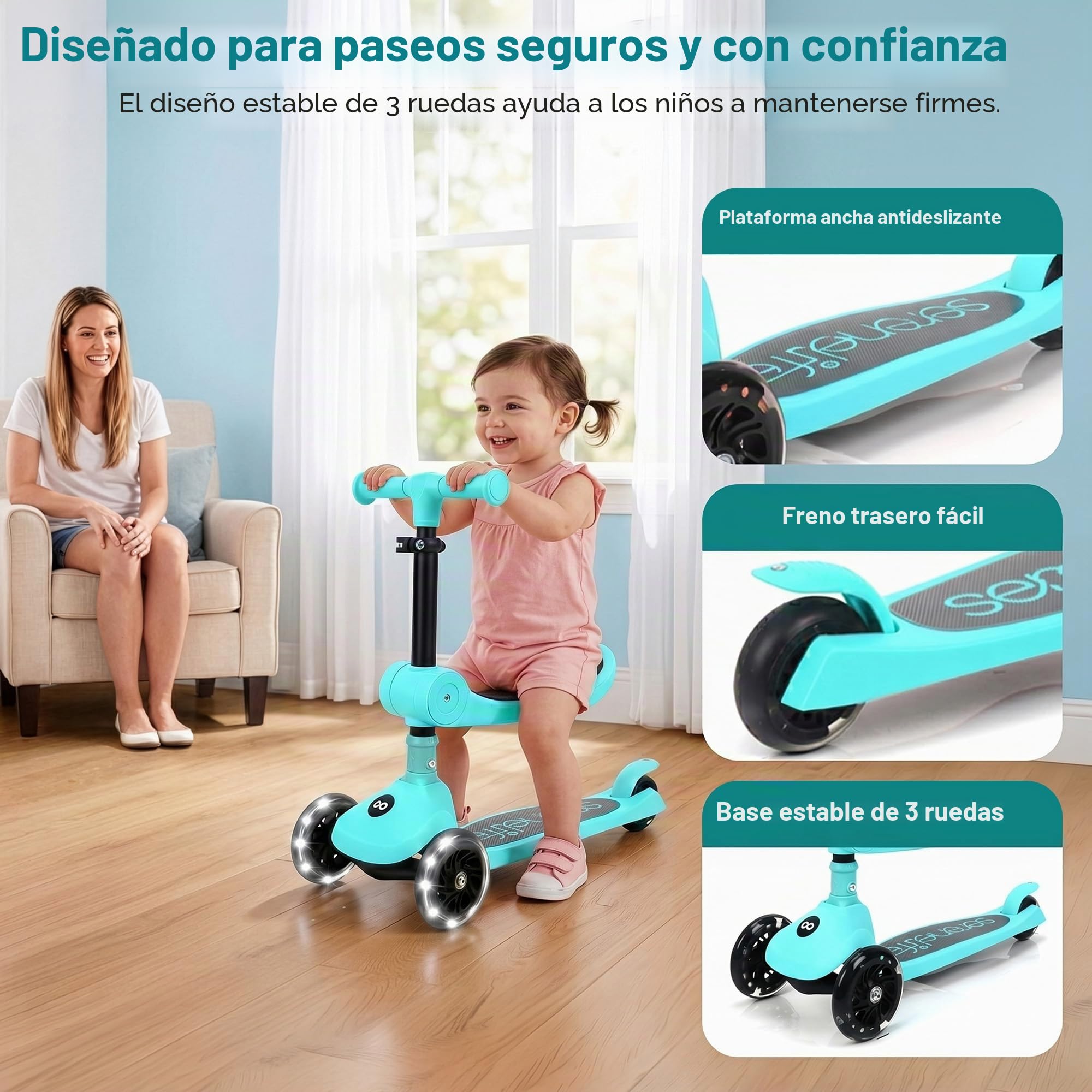 Serenelife Patinete 3 Ruedas para niños, Plegable, Luces LED en Las Ruedas, Manillar Ajustable, Freno Trasero de pie, Soporta hasta 49.9kgs