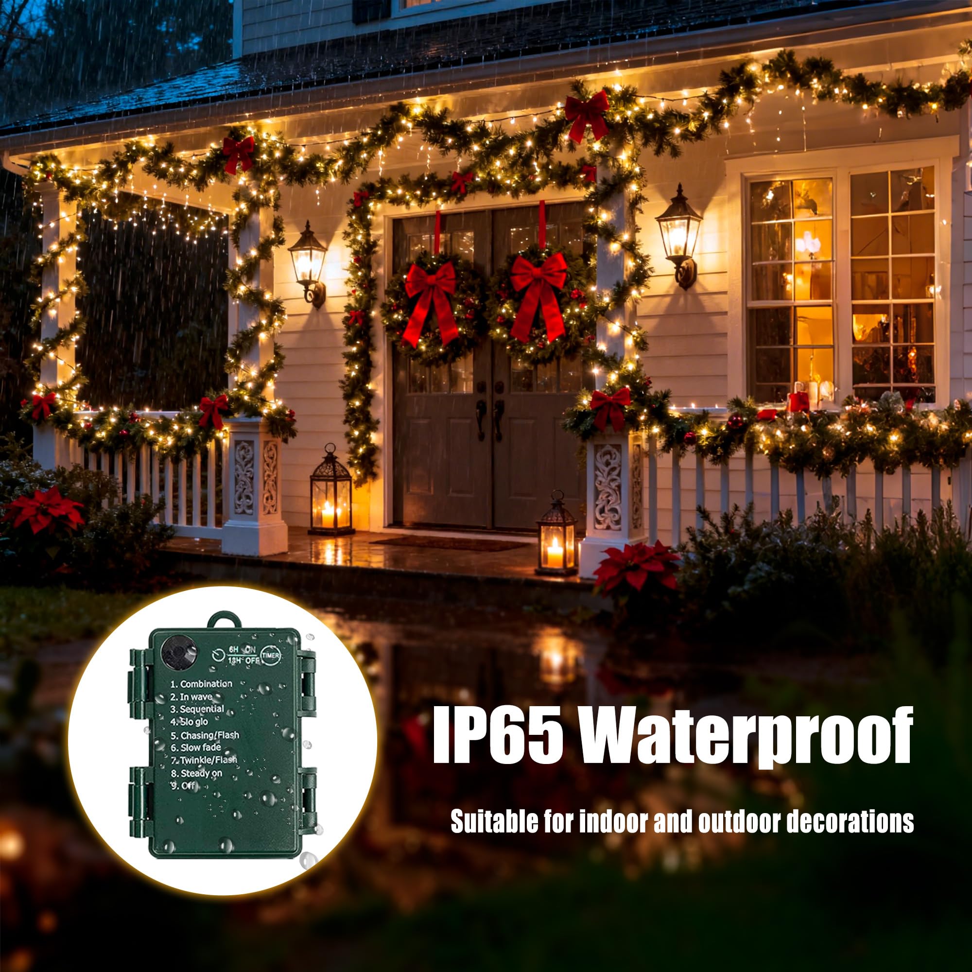 Batteriebetriebene Weihnachtslichter – 4 Stück, insgesamt 20 m, 200 LEDs, warmweiße Weihnachtslichter mit Timer, 8 Modi, wasserdicht, funkelnde Lichter für drinnen und draußen, Weihnachtsbaumkranz