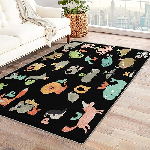 Alfombra educativa con alfabeto de animales para niños, 5 x 7, alfombra educativa ABC para decoración de dormitorio y habitación, cuarto de bebé,