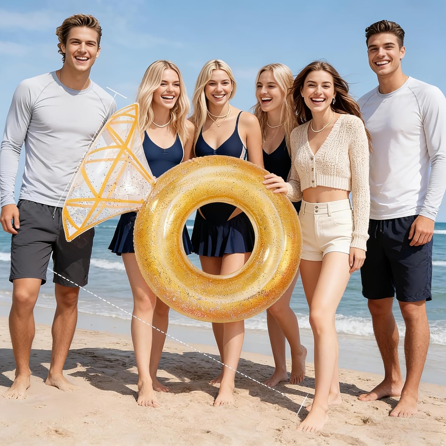 Pool Floats, Inflatable Ring Pool Float, Large Engagement Ring Floatie for Party, Swim Tube River Lake Wedding Stagette Decor Fun Raft for Adults, Golden