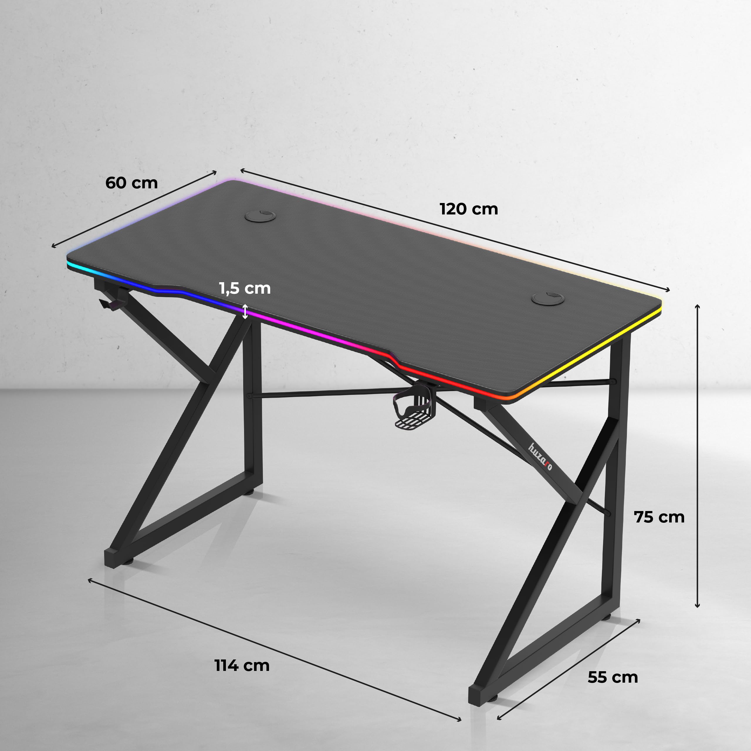 huzaro Hero 1.7 RGB Black, biurko gamingowe z oświetleniem LED, stolik pod komputer, 120 x 60 cm, hak na słuchawki, uchwyt na napoje, powierzchnia z włókna węglowego, przepust kablowy, metalowa