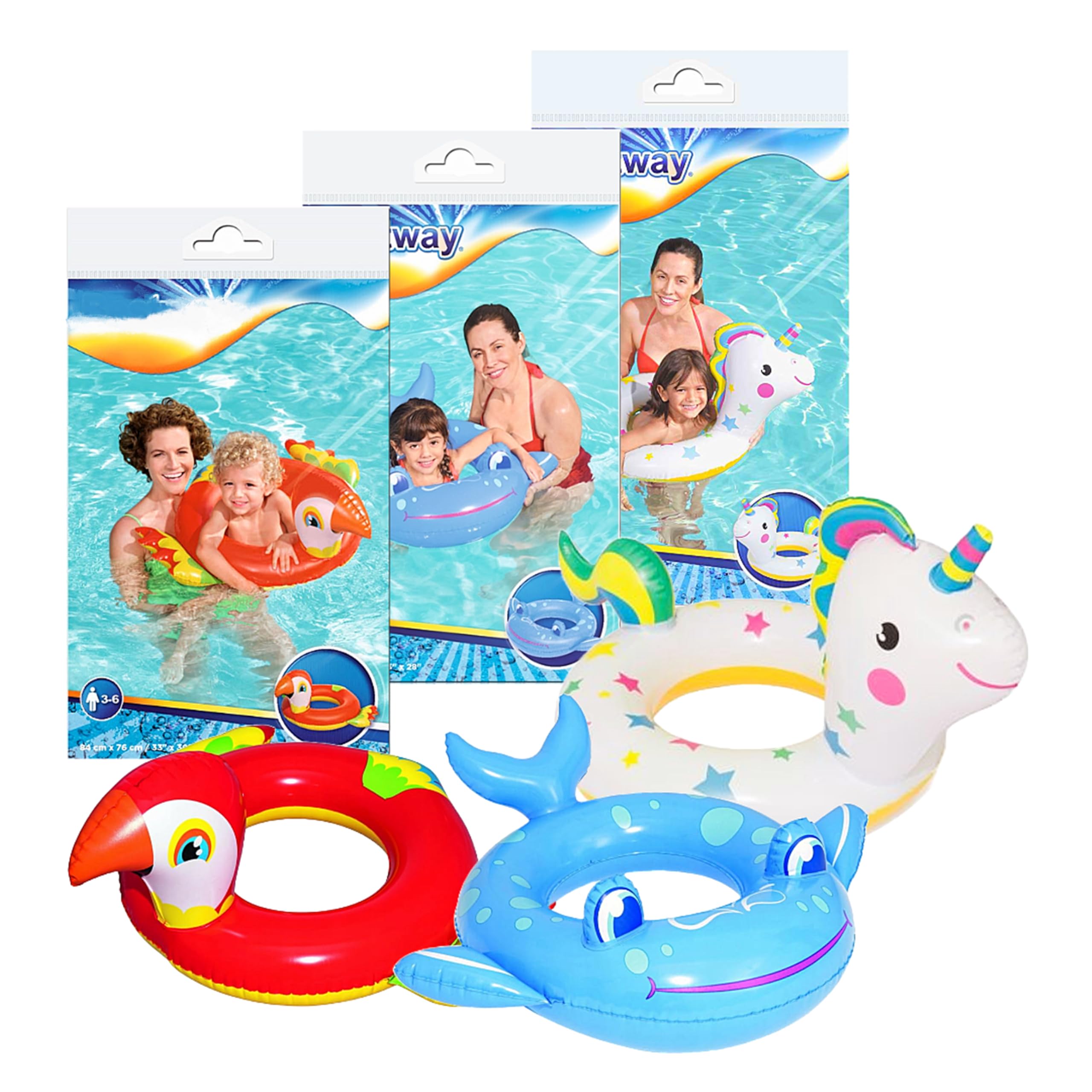 Pool Inflatables Floats for Swimming Pools - Pack of 3 Cute Unicorn, Parrot & Wales Design Swimming Pool Float Swim Ring with Topline Card. Pool Floats for Kids 3-6 Years