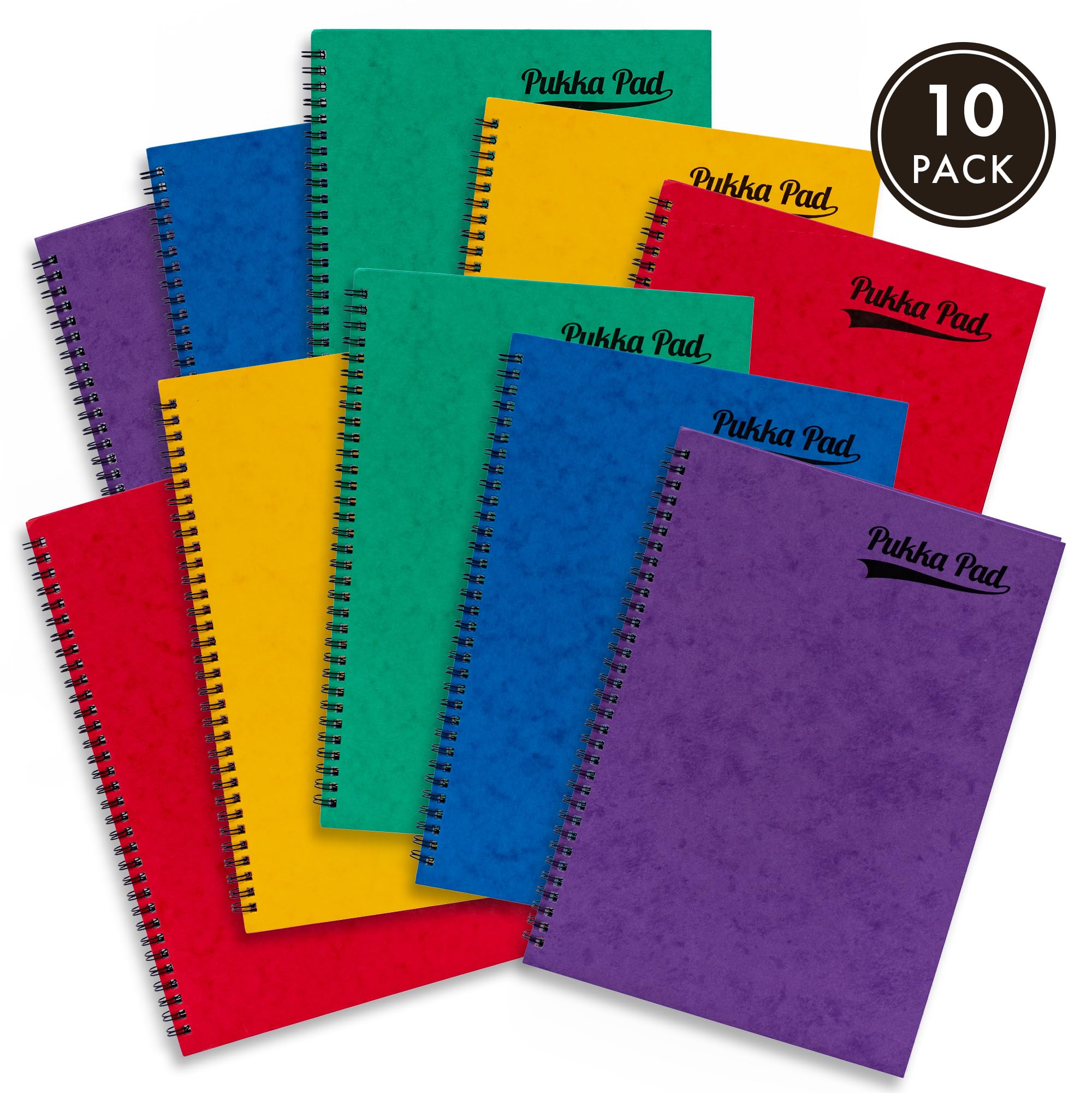 Pukka Pad, Bright Pressboard - Bloc de notas tamaño A4, 10 unidades, cuadernos laterales con 120 páginas de papel rayado de 80 g/m², cubierta de tablero prensado y cierre elástico para escuela