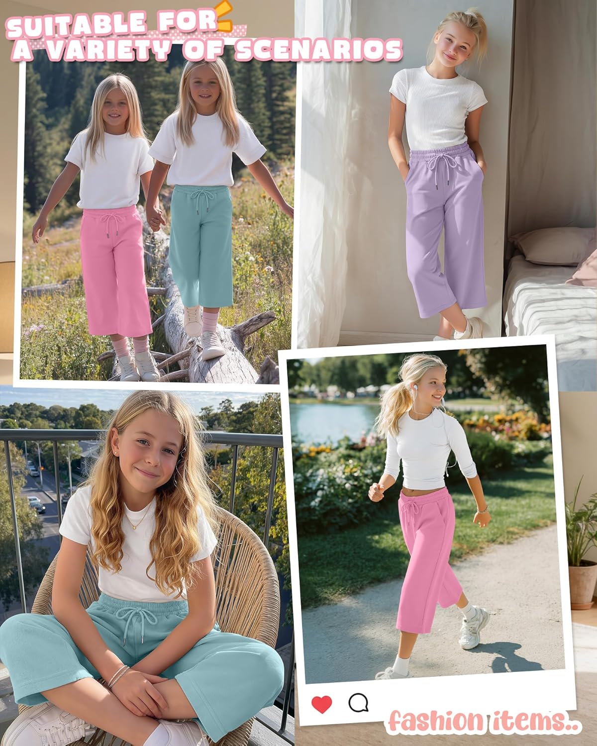 3 Pack Girls Capris Kid 3/4 Below Knee Wide Leg Cropped Sweatpants with Pockets Drawstring Loose Youth Summer Pants