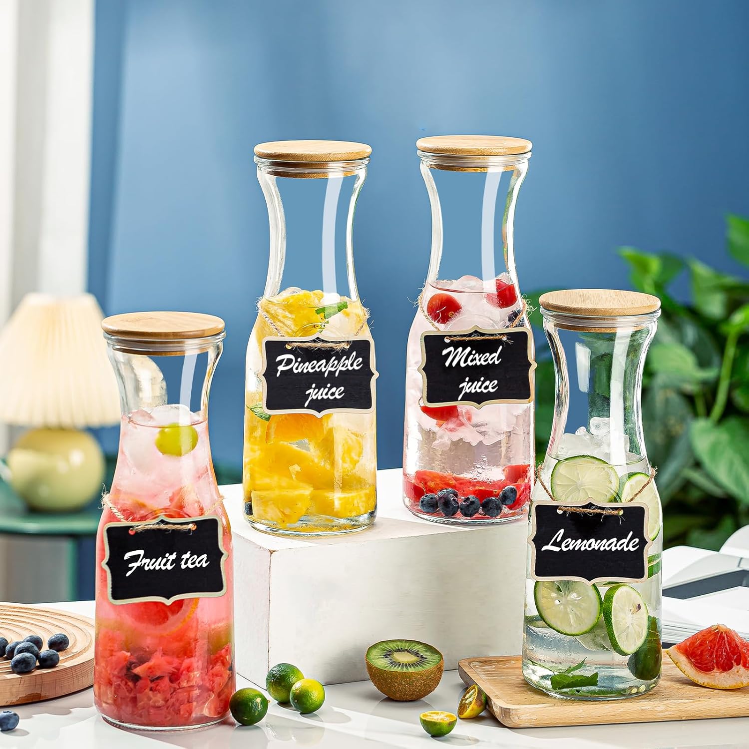 Glass Carafe Pitchers with Bamboo Lids, 4 pcs 1 Liter Beverage Serveware Pitcher Carafe Set for Mimosa Bar, Juice Container for Brunch, Cold Water, Juice -With 4 Wooden Chalkboard Tags - Image 3