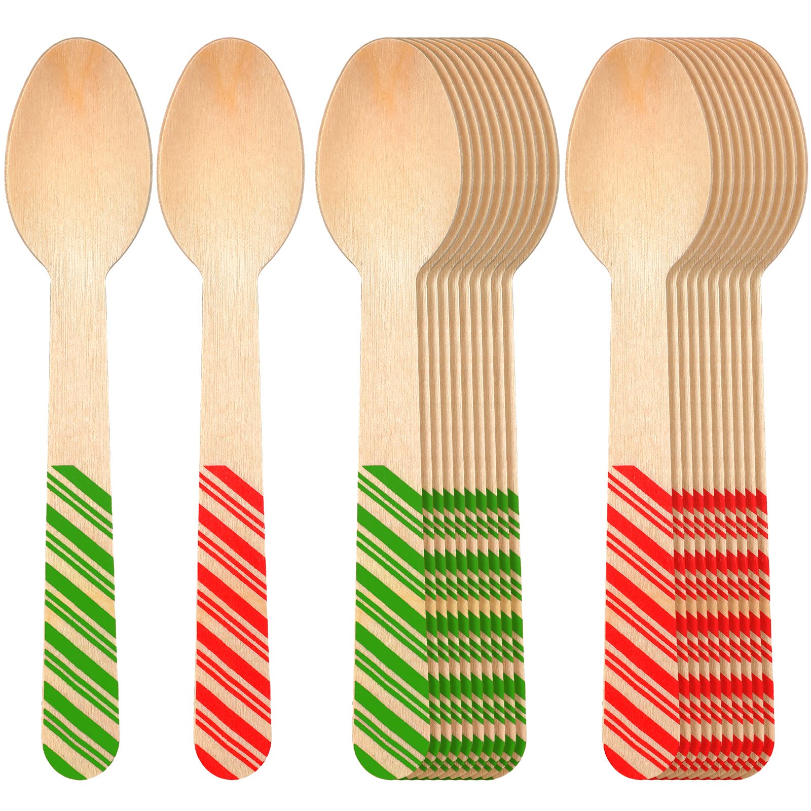 Hoolerry 100 Pcs Disposable Christmas Wooden Spoons 5.5'' Hot Cocoa Chocolate Candy Cane Winter Tasting Bar Spoons for Cake Coffee Ice Cream(Red, Green,Striped Style)