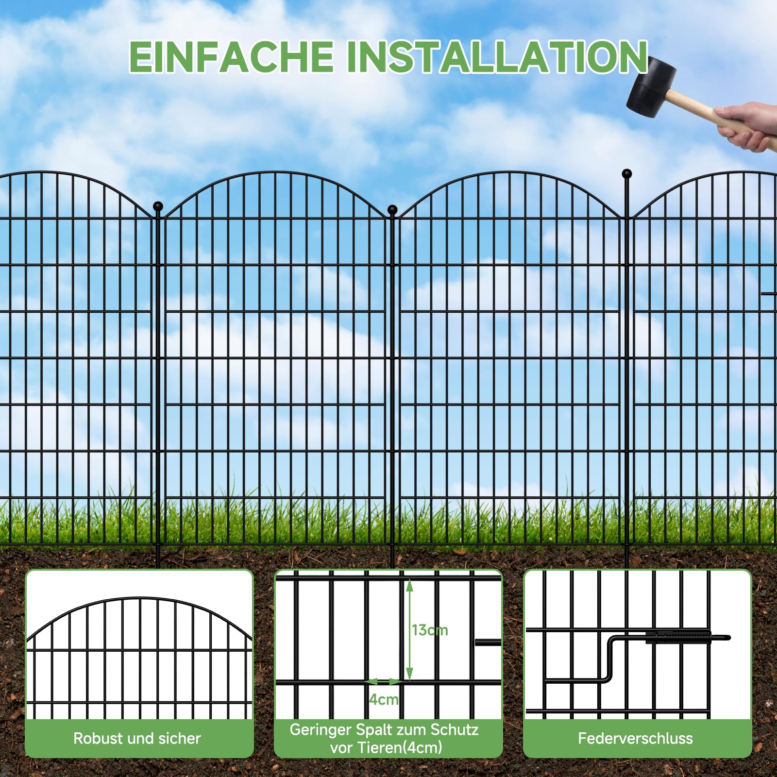 7-teiliger Gartenzaun mit Tür, 100 cm hoch x 4,5 m lang | rostfreies Metall, Hundezaun, Tierbarriere, Dekorative Beetumrandung, No-Dig-Design für Hof, Terrasse und Blumenbeet