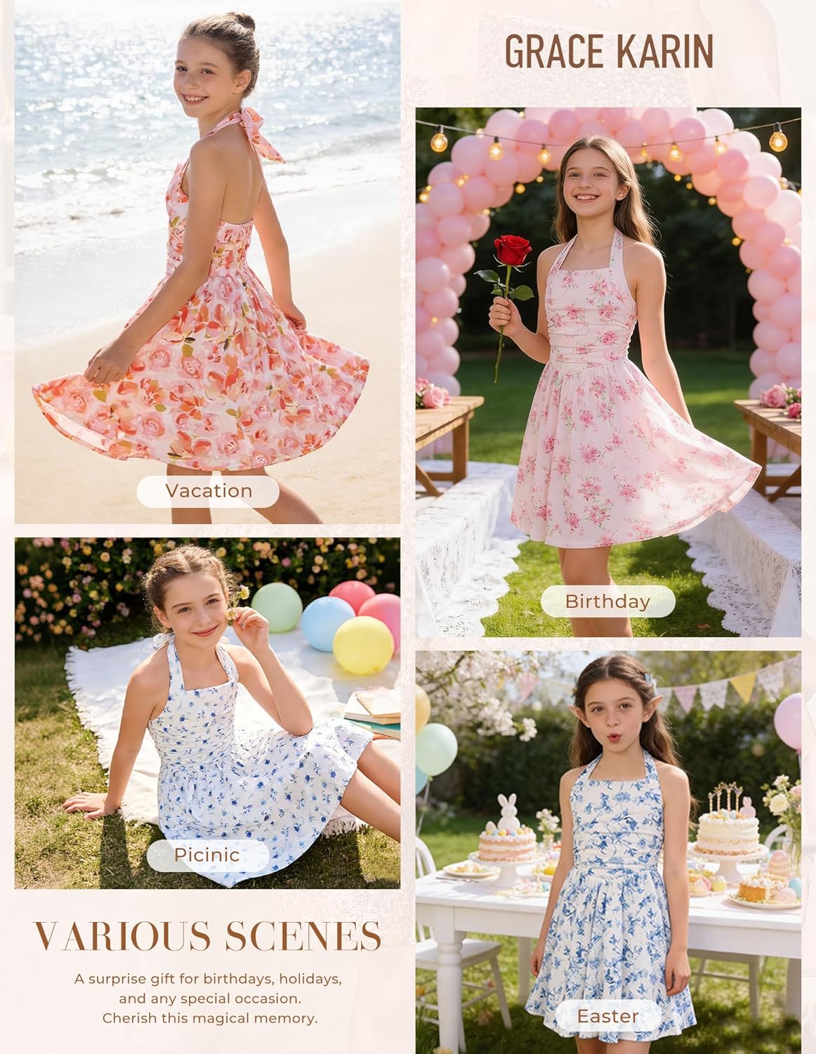 GRACE KARIN Girls Floral Summer Dress Spring Holiday Beach Party Sundress Halter Neck Tie Backless Dresses 7-14 Years - Image 7