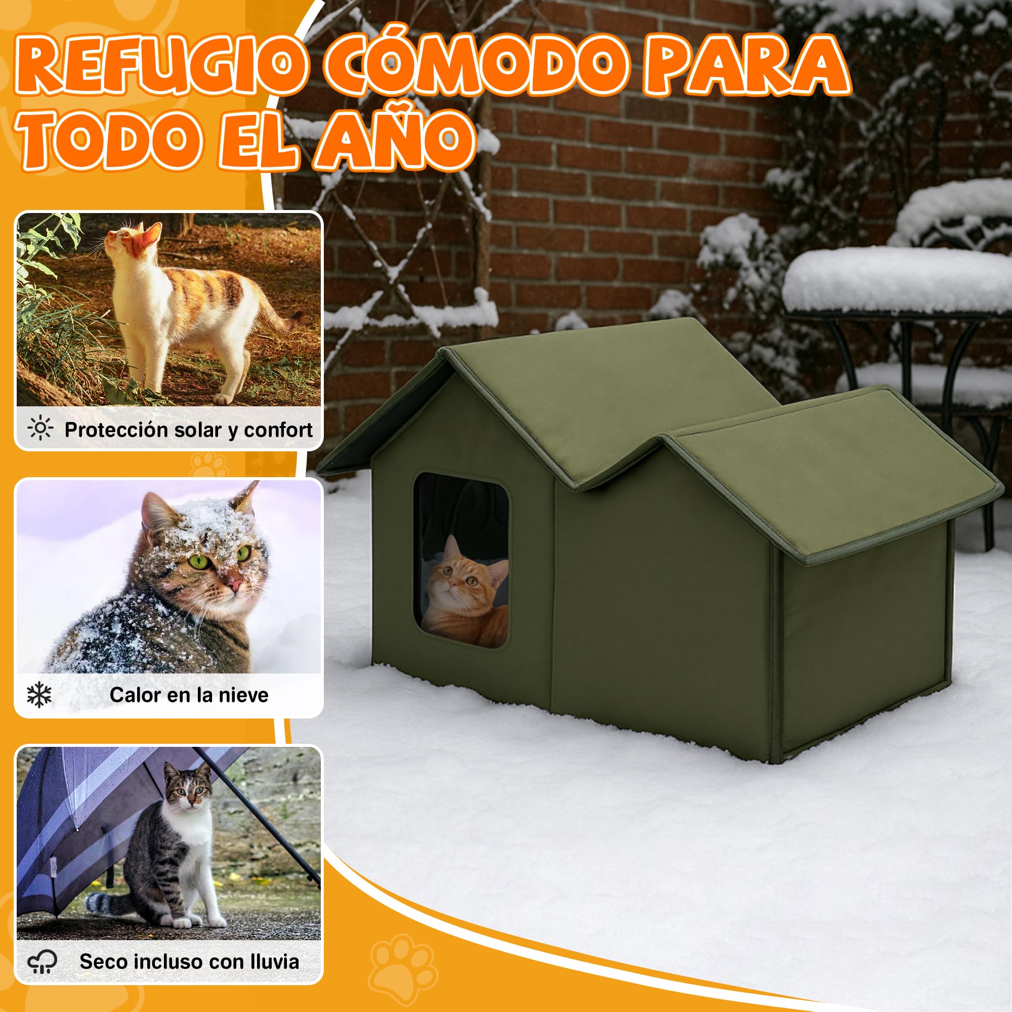 ALLSOPETS Casa para Gatos Exterior Impermeable, Caseta Gato Plegable y Resistente a la Intemperie, Refugio Cálido para Gatos o Perros Pequeños Interior y Exterior (Verde Bosque)