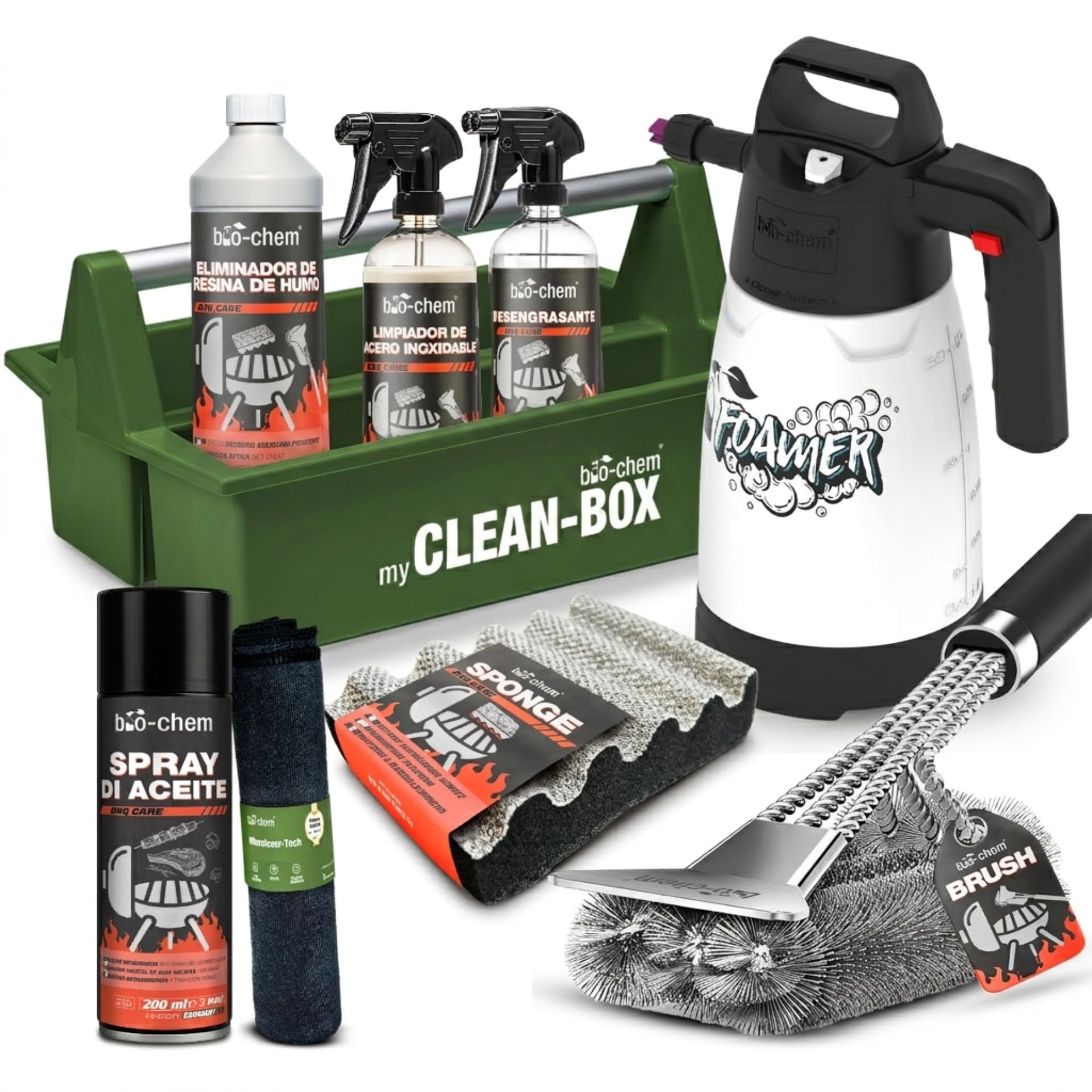 Bio-Chem - Kit Limpieza Barbacoa con pulverizador de Espuma 9 pz: Limpiador Resina 0,5L - Desengrasante Superficies BBQ 750ml - Spray per INOX 750ml - Spray di Aceite 200ml - con Accesorios