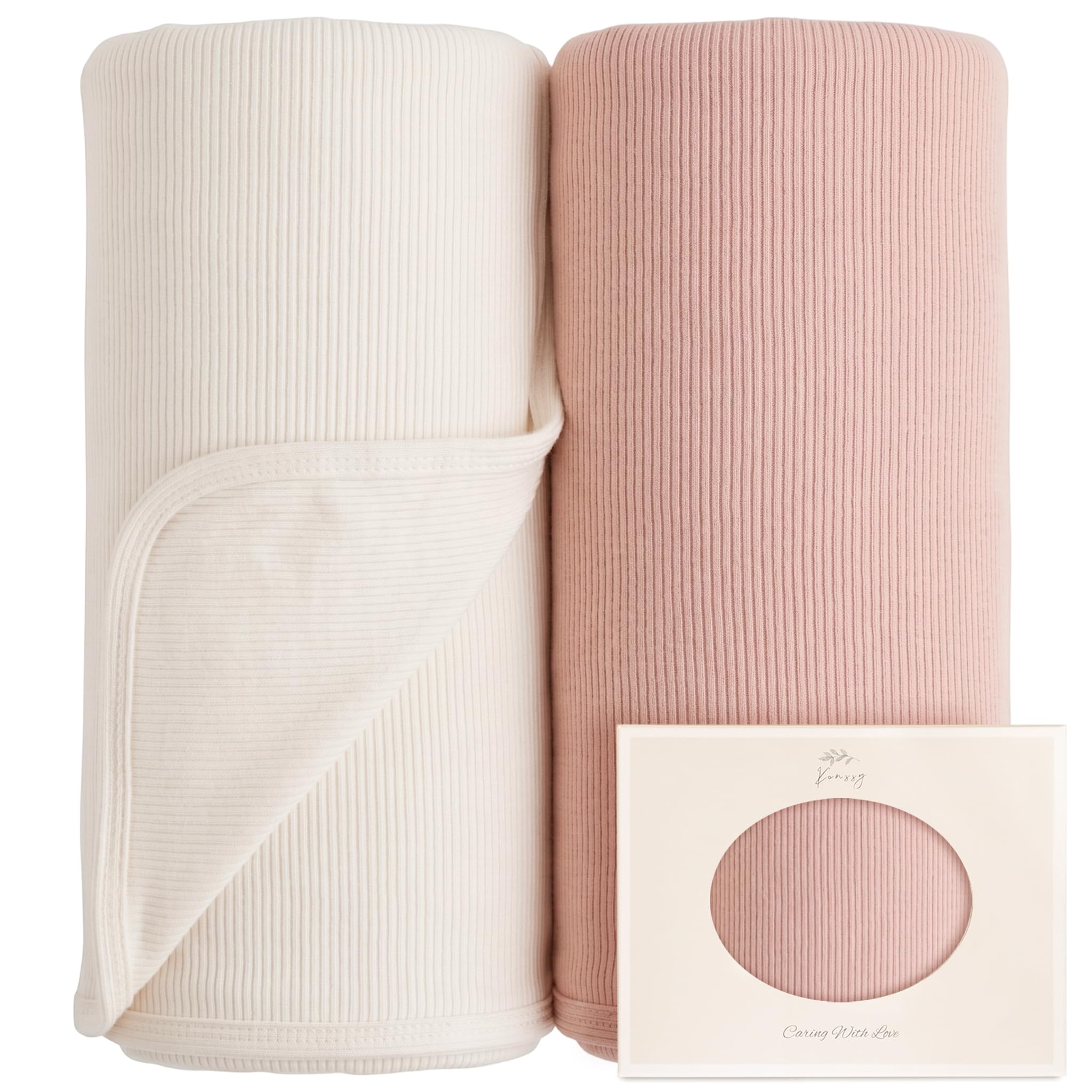 Konssy Paquete de 2 mantas de punto acanalado para bebés niños y niñas, 33 x 42 pulgadas | Tejido suave y elástico, ligero y acogedor, para envolver, recibir y cochecito, recién nacido a niño pequeño (rosa, beige)