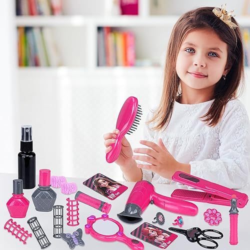Miniatura 3 de Juego de peluquería de belleza, 22 piezas con accesorios de maquillaje y secador de pelo, juego de simulación, regalo de Navidad y cumpleaños para