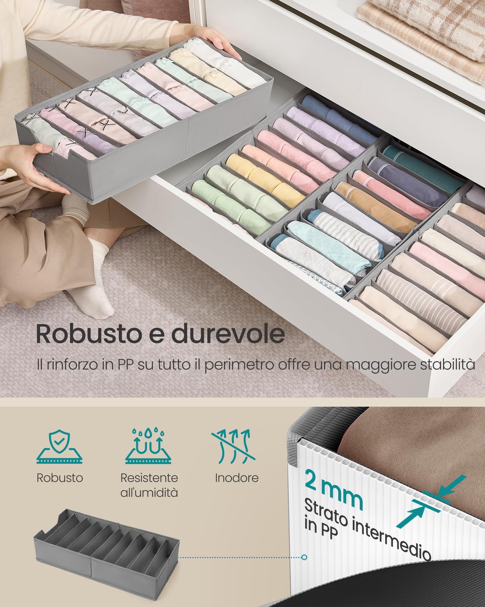 SONGMICS Set di 4 Divisori per Cassetti, per Guardaroba PAX di IKEA, con Separatori, Organizzatori per Biancheria Intima Pieghevole, 50 x 22 x 10 cm, Grigio Tortora RUS015G01