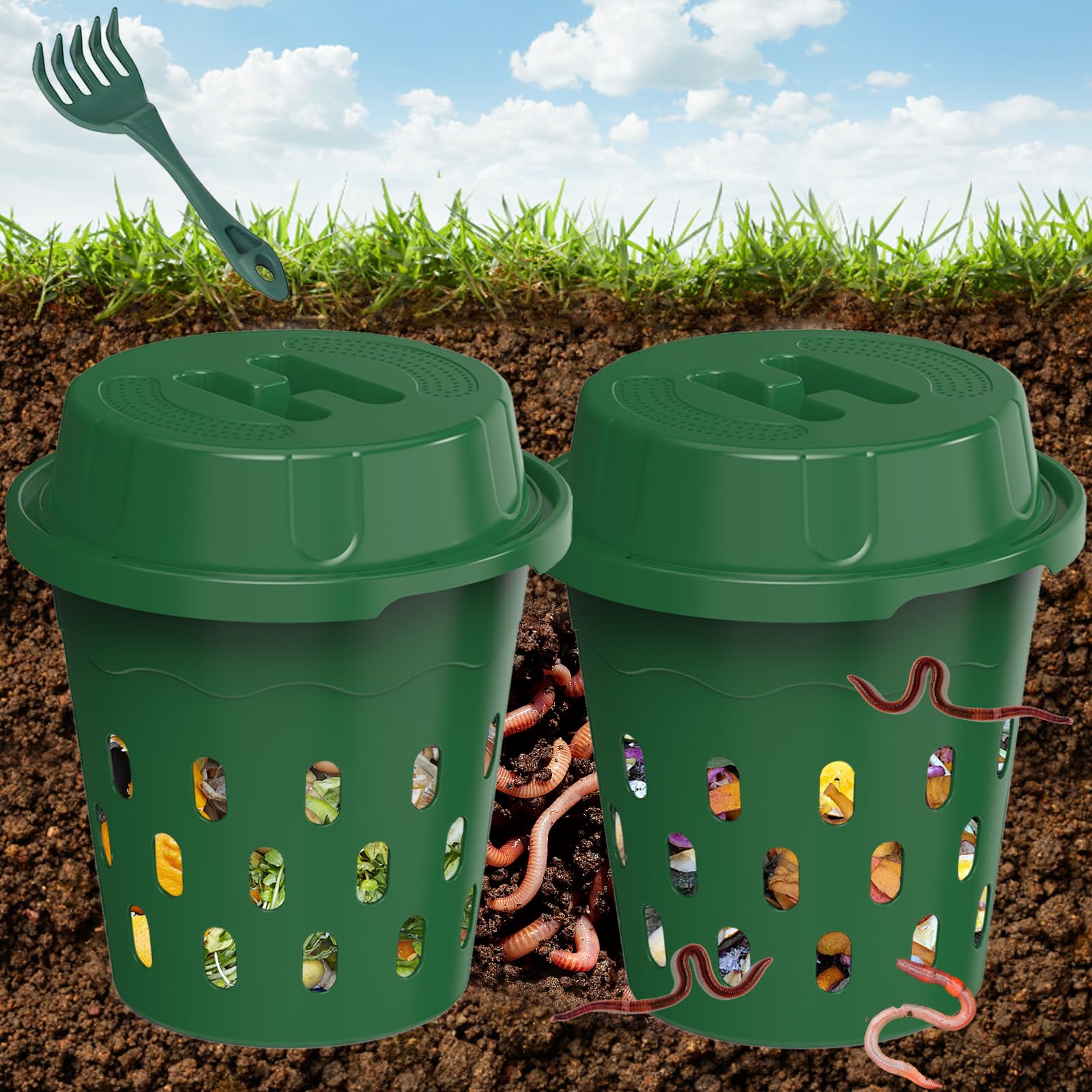 Unterirdischer Wurmkomposter, 2er-Pack 8L Beetkomposter zum Eingraben, für Garten & Hochbeet, kompostiert Küchenabfälle, Einsteiger, Grün (24x24x27,5 cm)